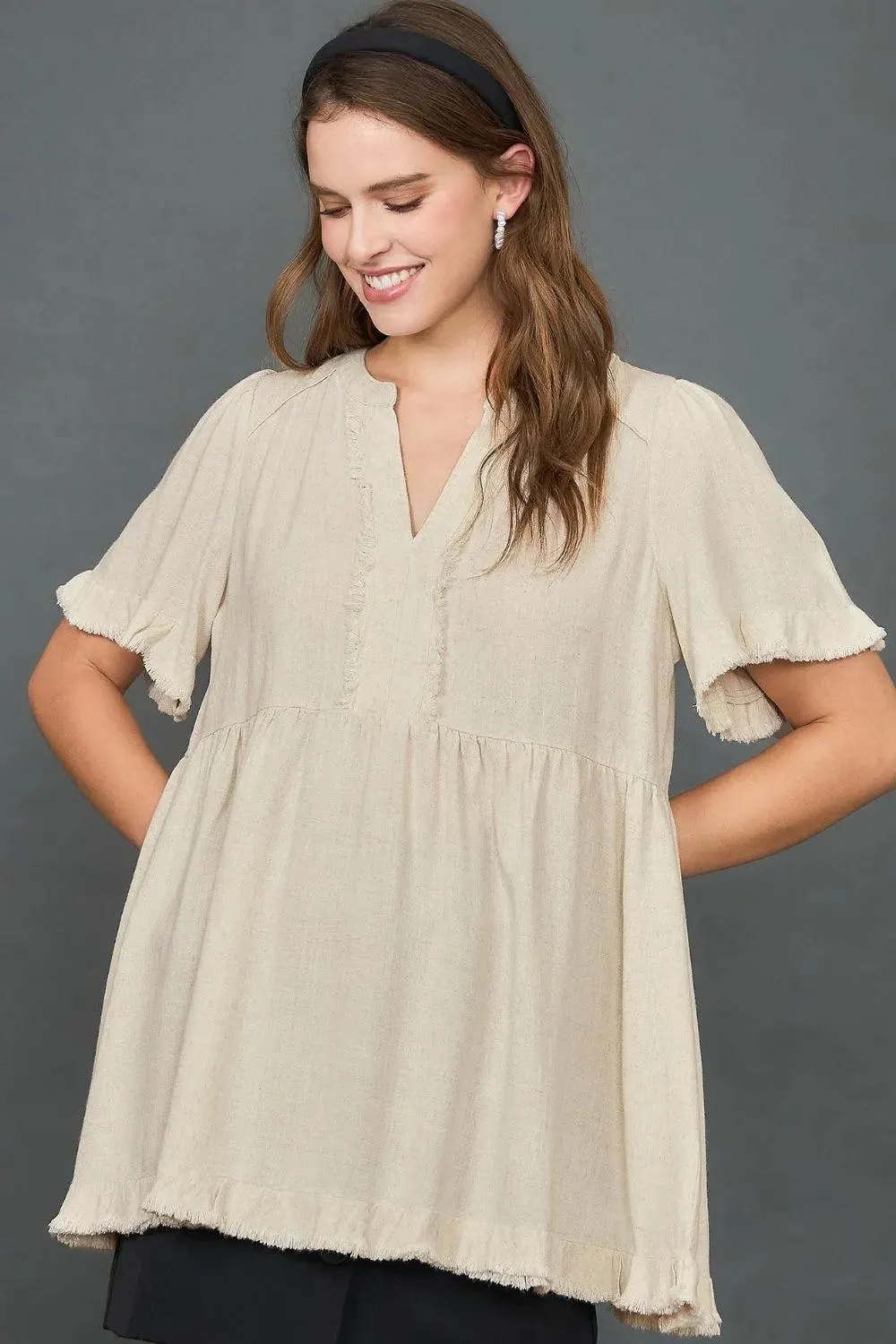 Dreamy Days Raw Hem Babydoll Linen Blouse — view 3