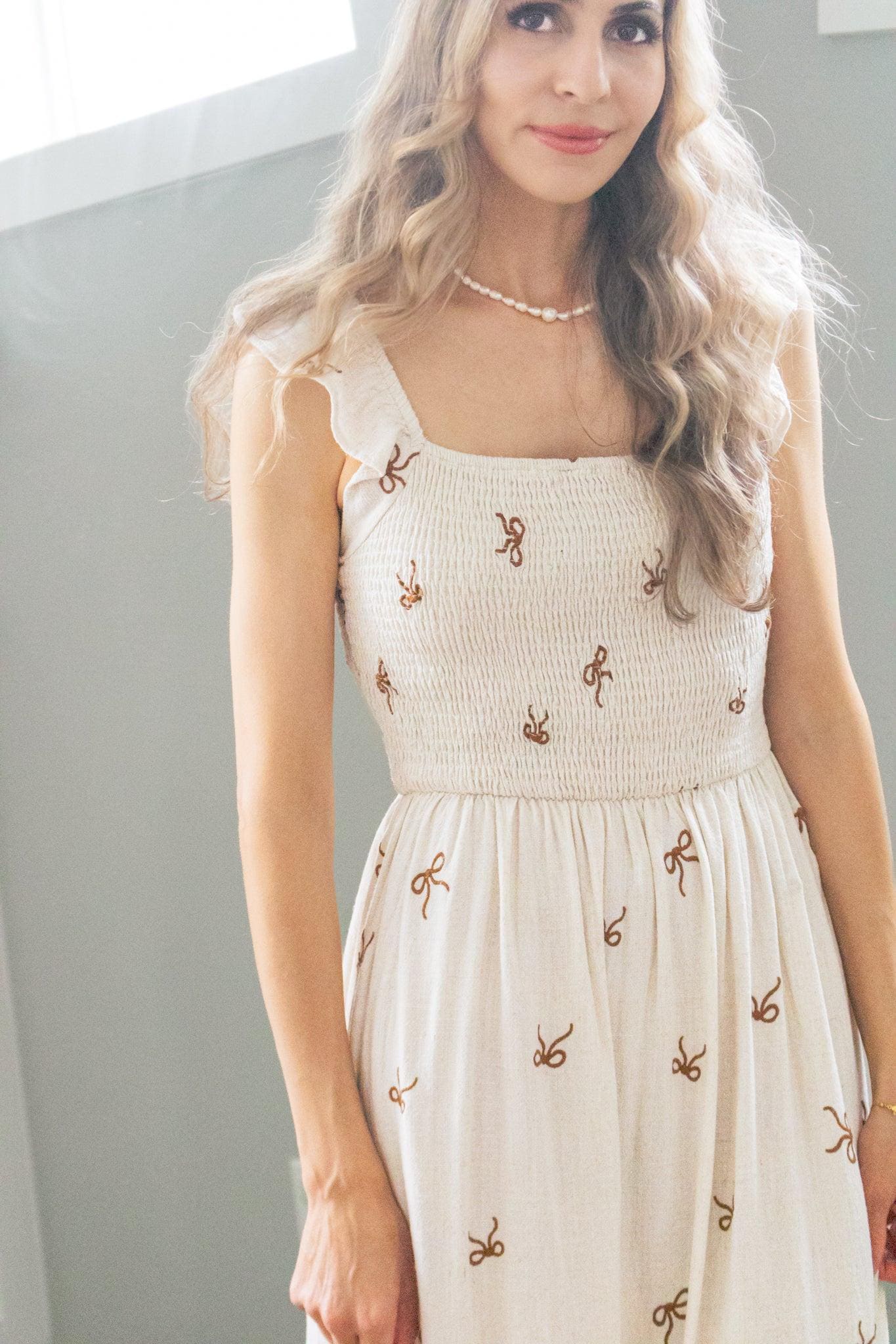 Secret Diary Linen Bow Midi Dress in Beige — view 3