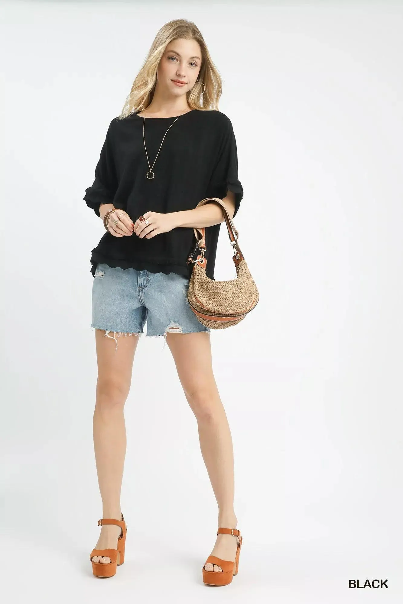 Midnight Linen Frayed Hem Scallop Top — view 4