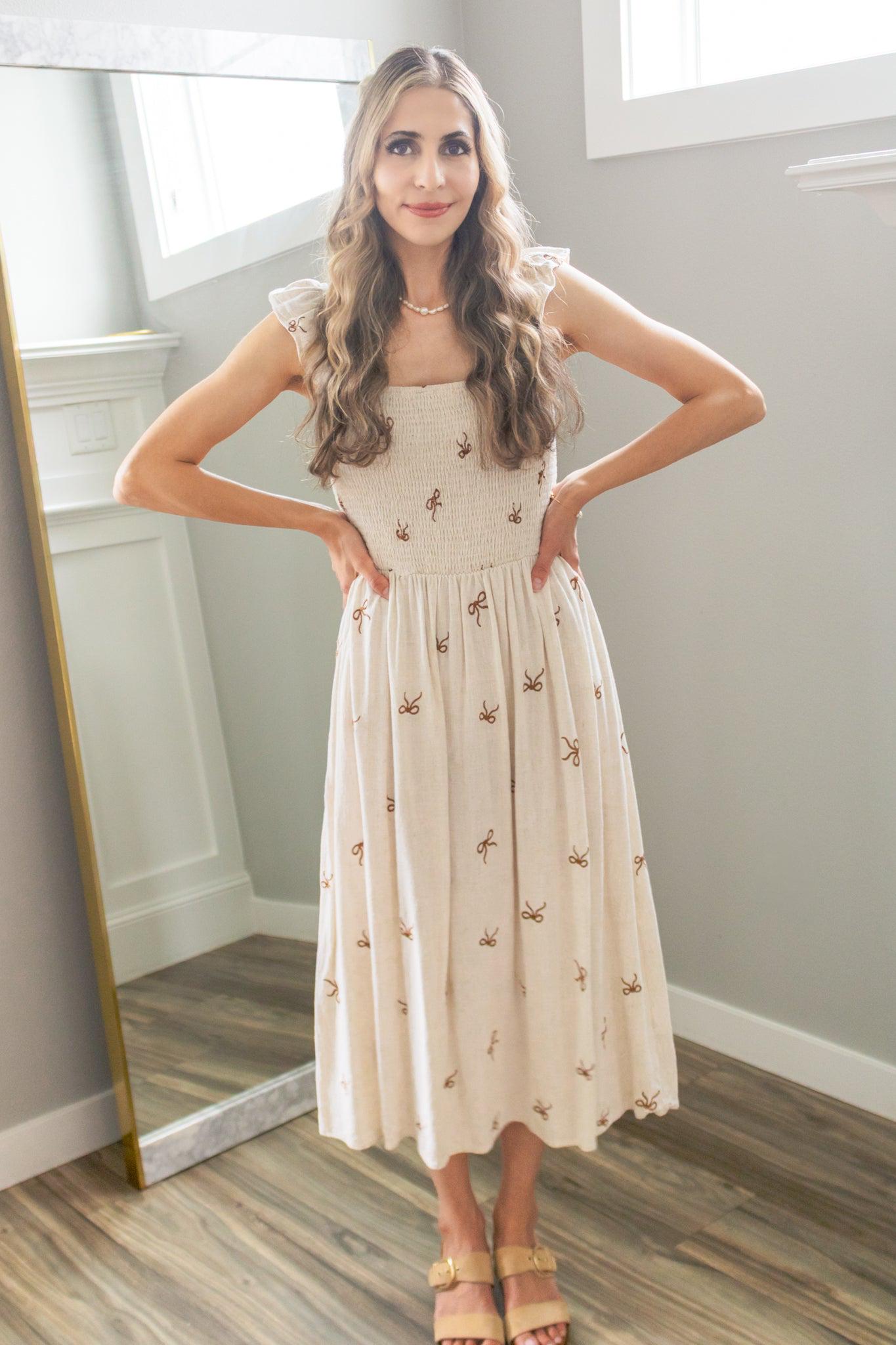 Secret Diary Linen Bow Midi Dress in Beige