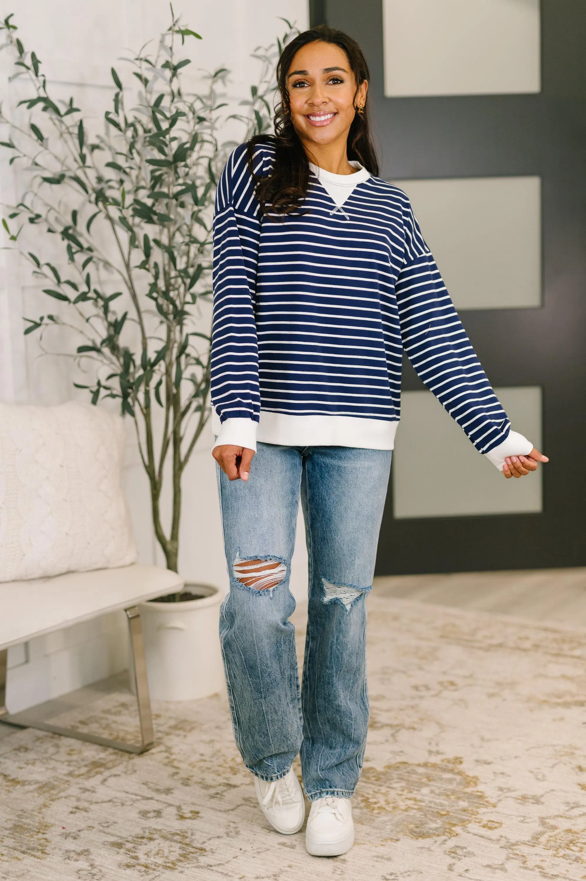 Almost Therapeutic Drop Shoulder Pullover in Navy — view 4