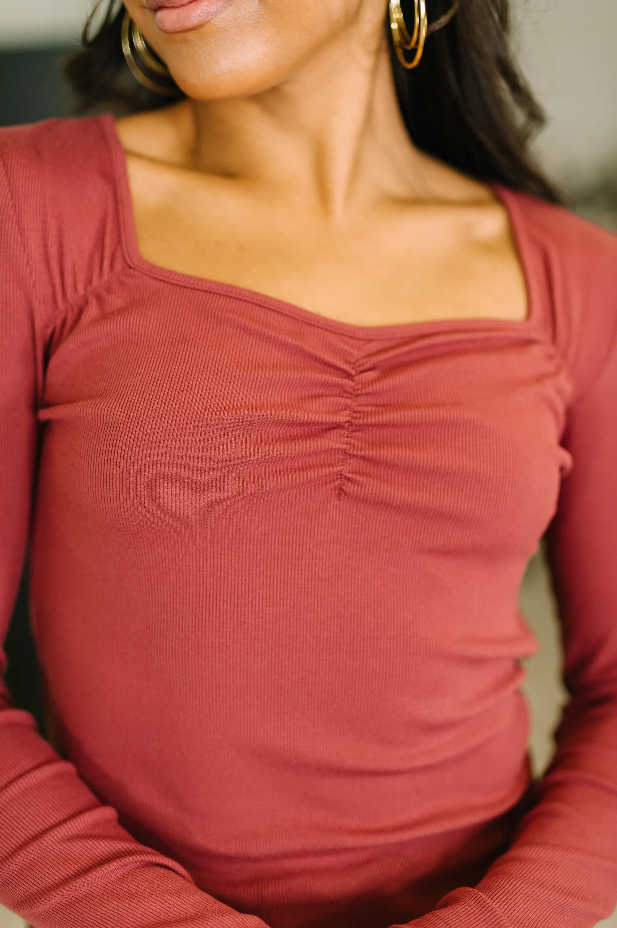 The Girls Are Back in Town Long Sleeve Top in Burgundy — view 2