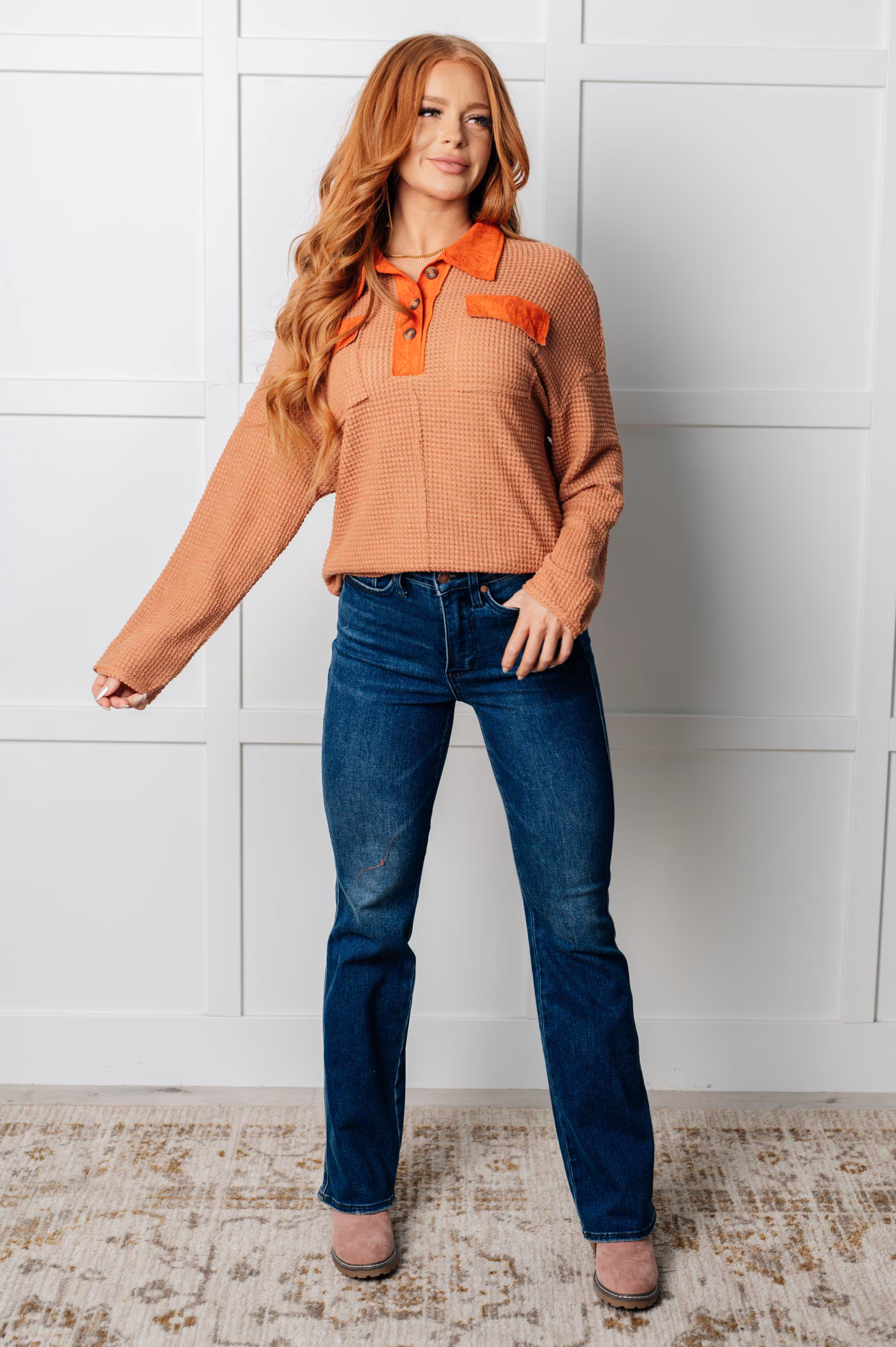 Autumn Top Can't Imagine Why Waffle Knit Contrast Trim Top — view 3