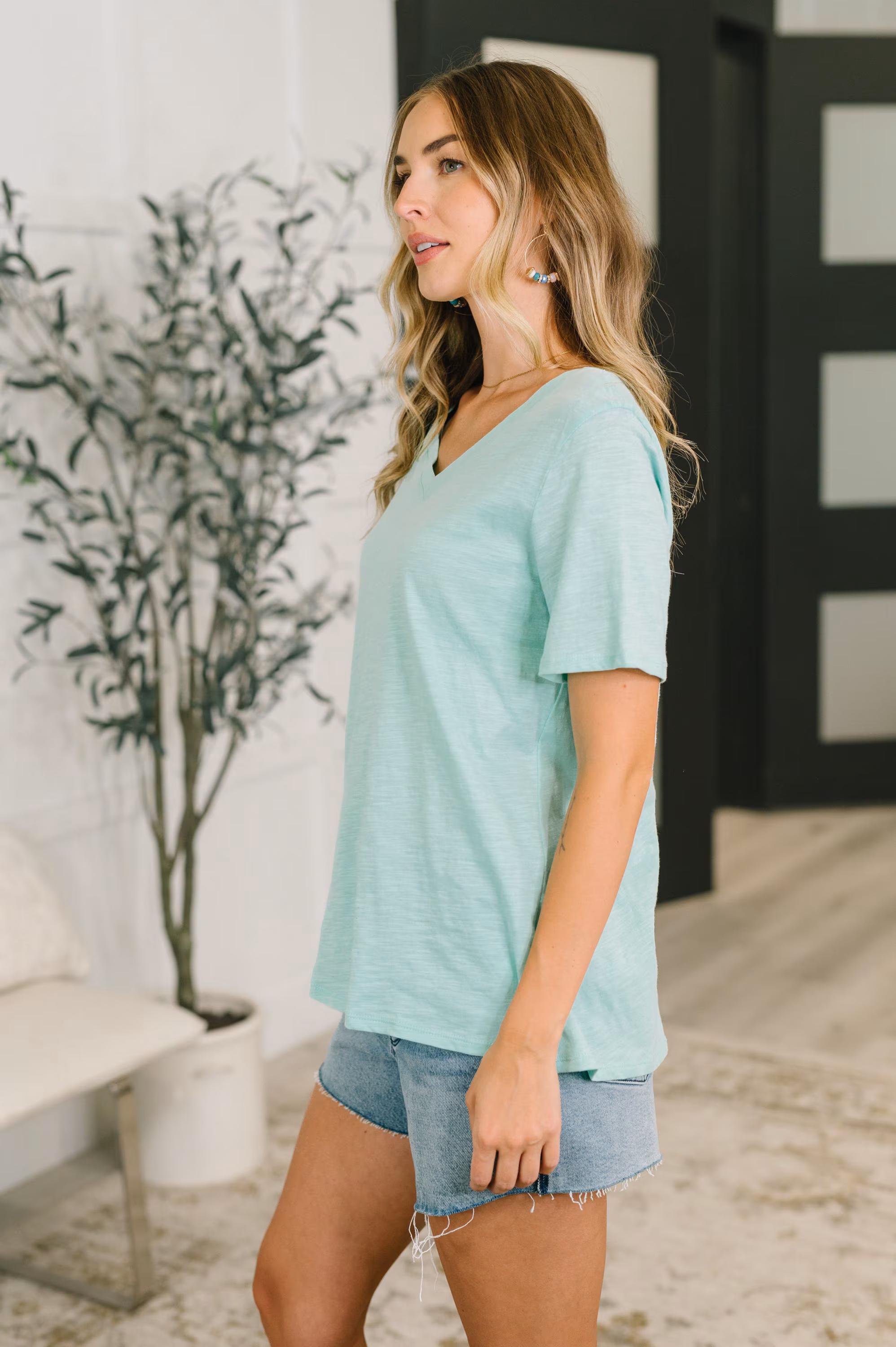 Easy Days V-neck Cotton Tee in Mint — view 4