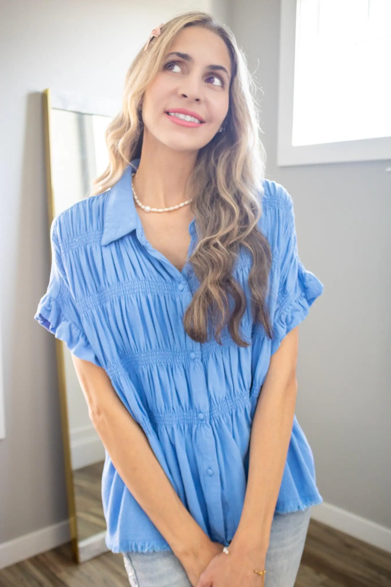 Petunia Washed Linen Smocked Babydoll Top — view 7