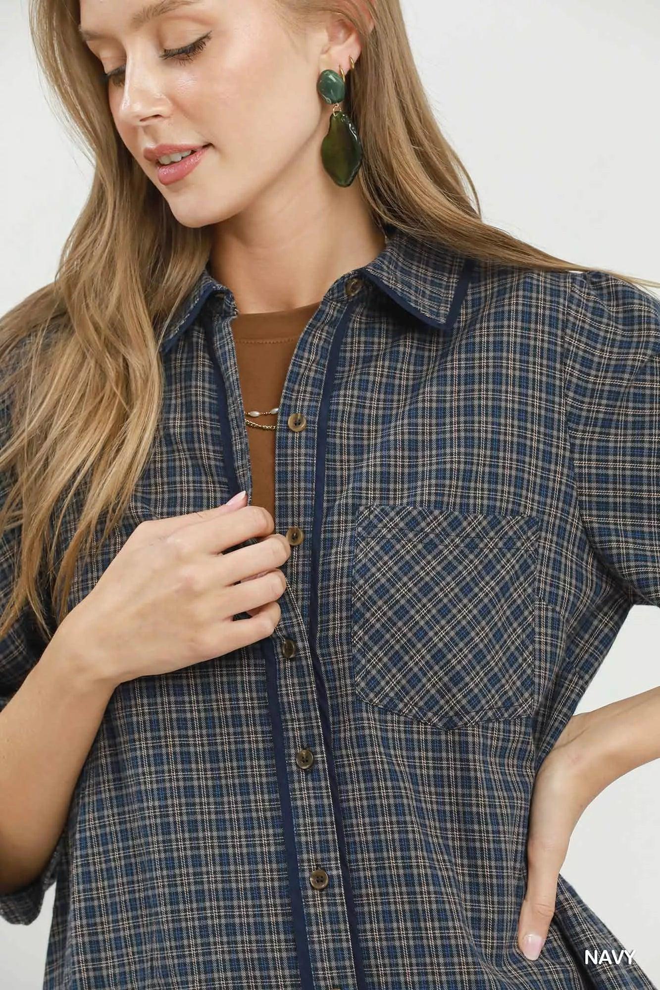 Preppy Plaid Cotton Shirt Dress — view 7