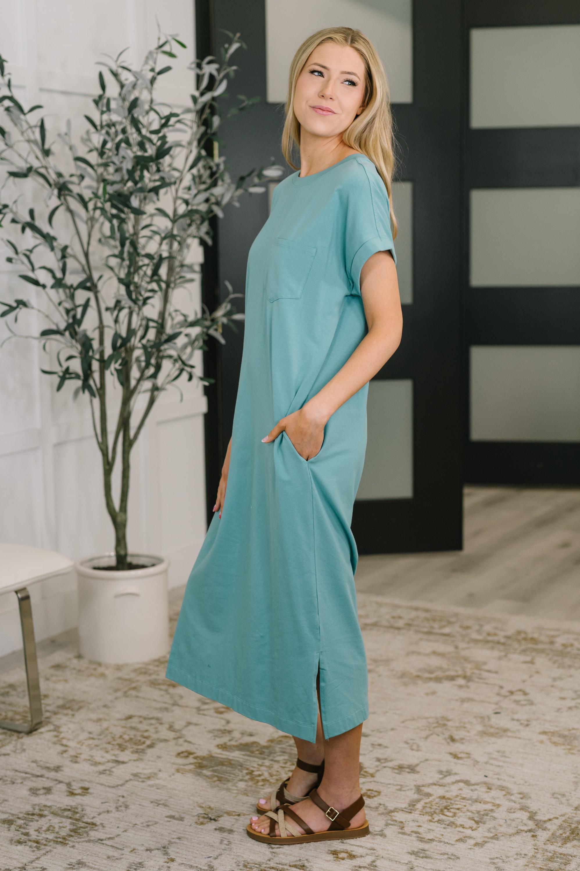 Fix You Right up Short Sleeve Midi Dress in Dusty Teal — view 3