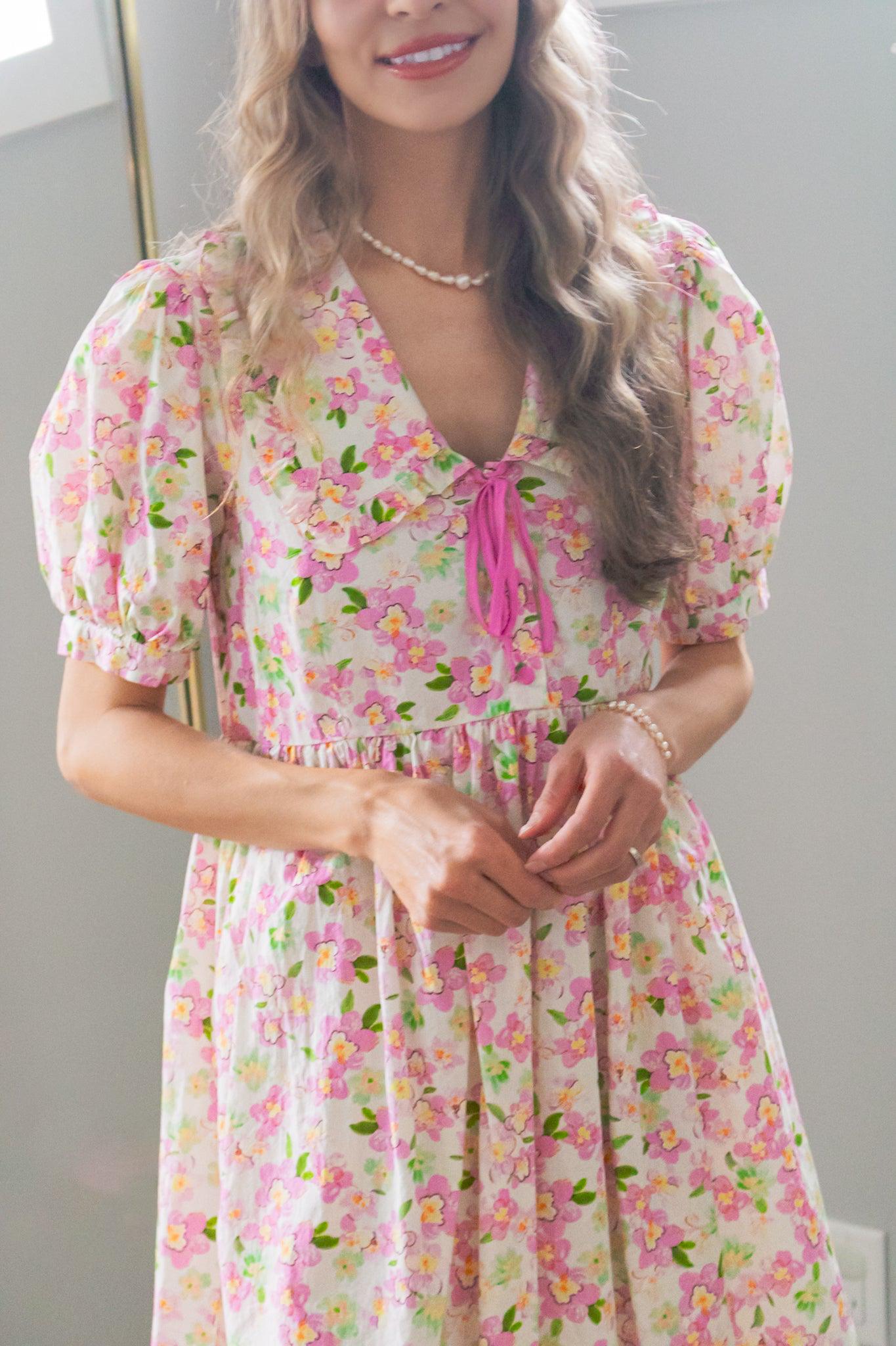 Cherry Blossom Peter Pan Collar Cotton Dress in Blush — view 8