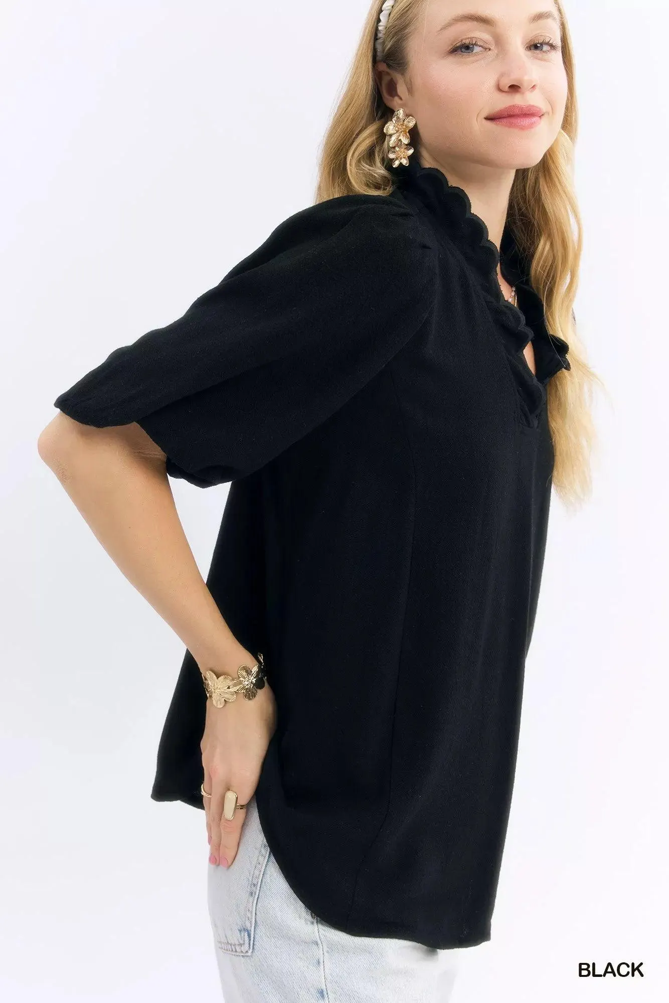 Heirloom Linen Cotton Scallop Blouse in Black — view 2