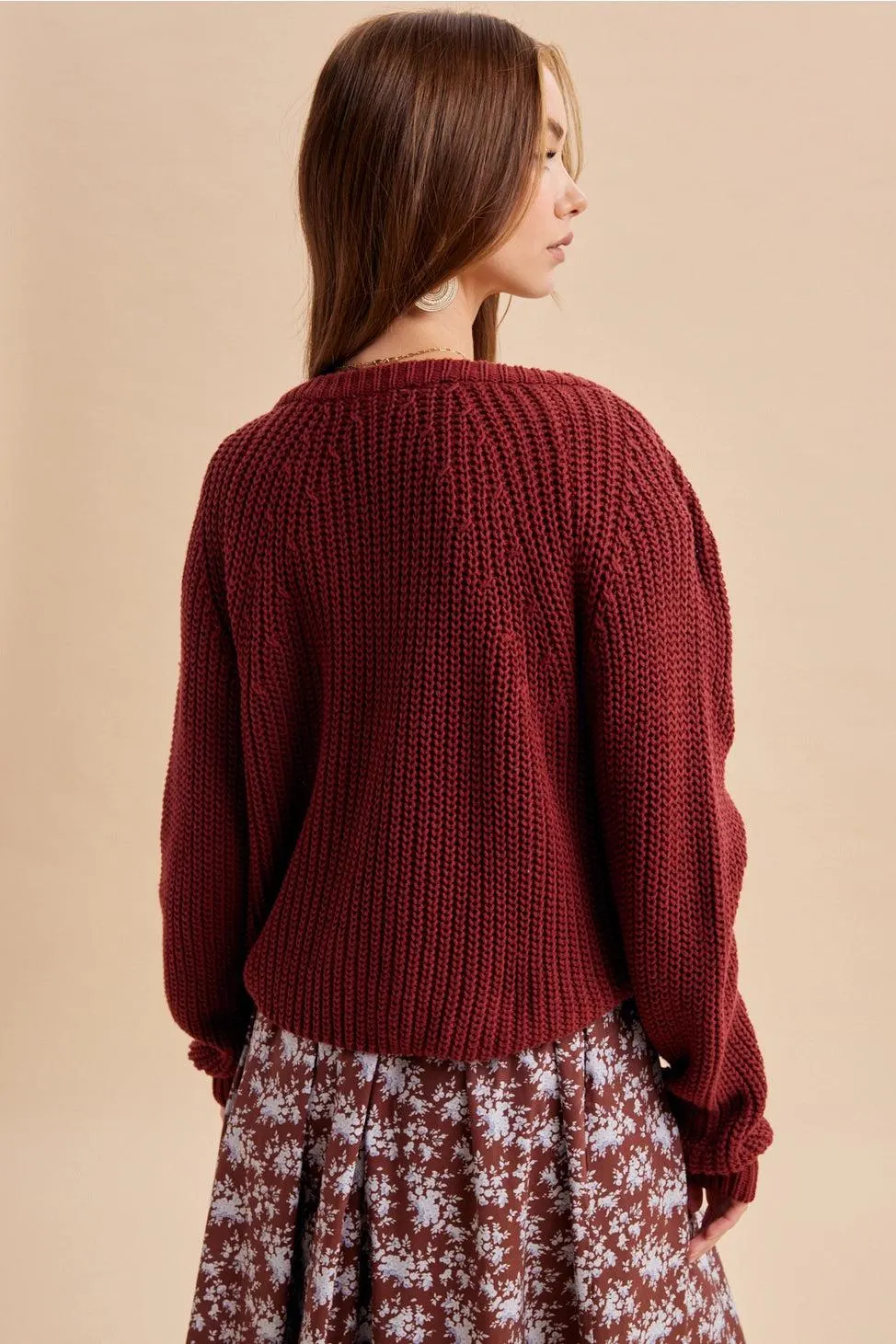 Autumn Harvest Chunky Knit Cotton Cardigan in Wine — view 6