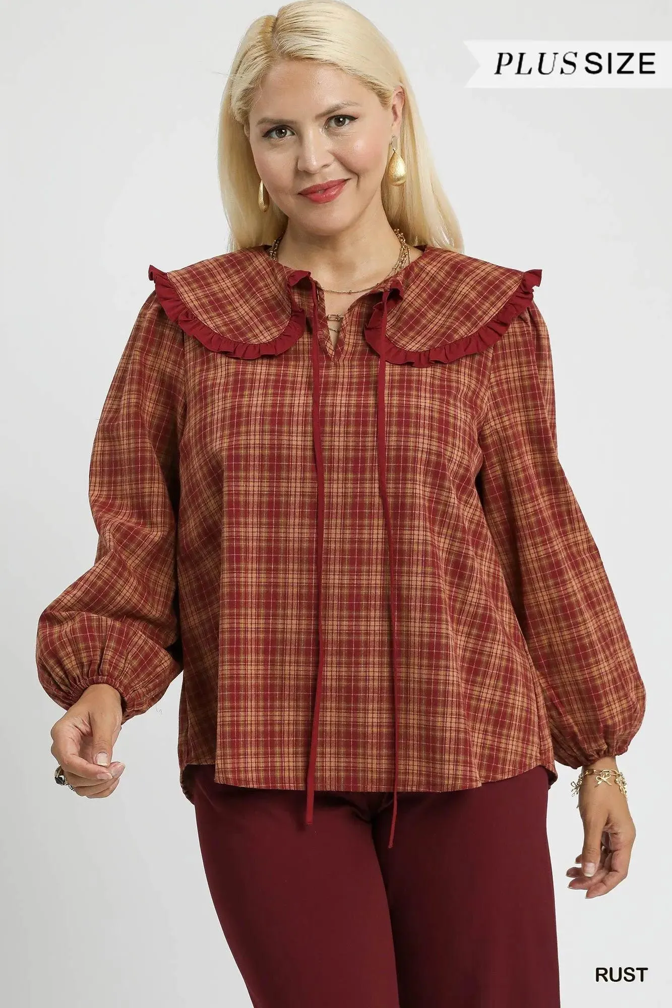 Cider Season Plaid Ruffle Collar Cotton Blouse Vintage — view 3