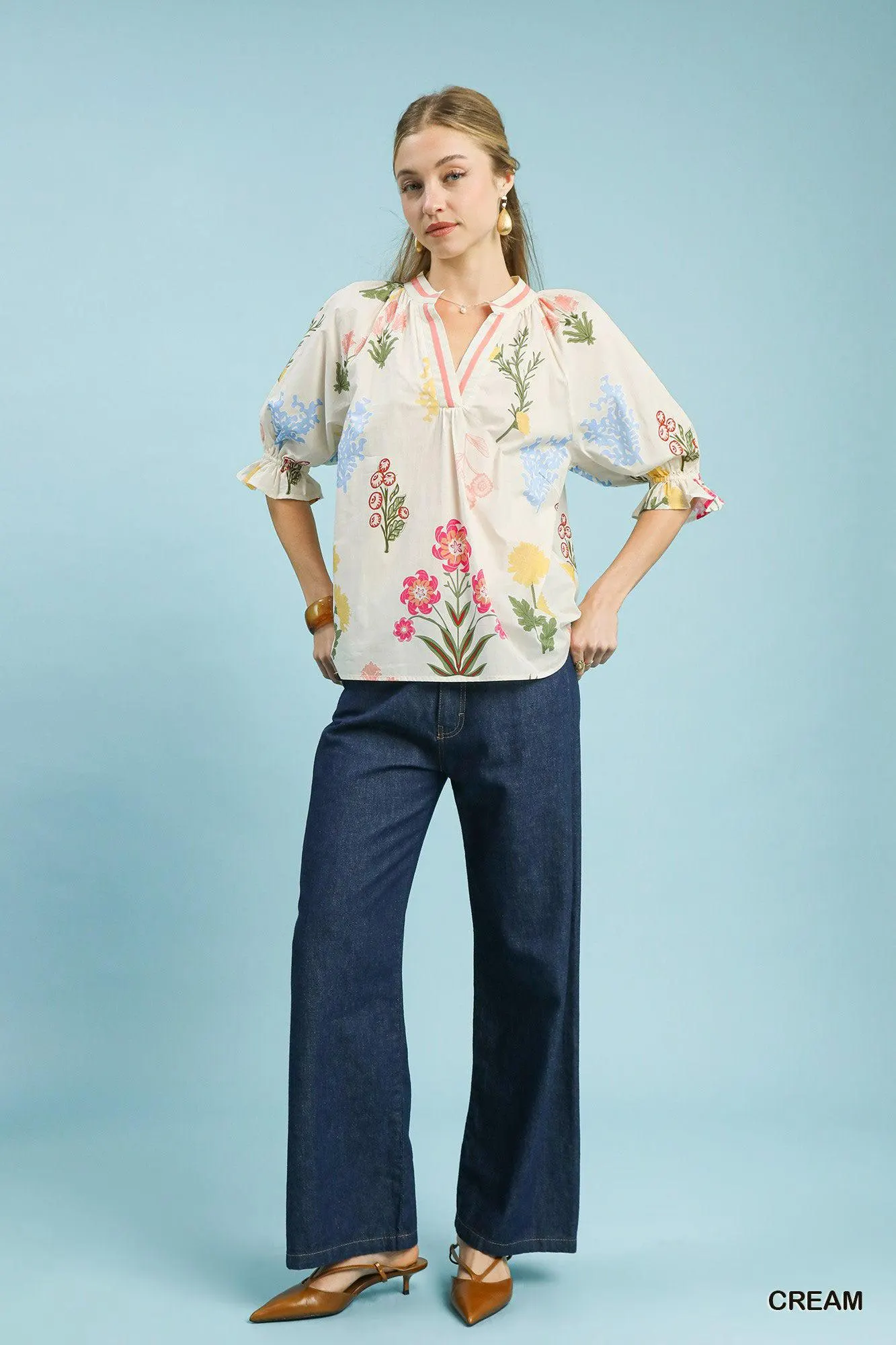 Fairytale Floral Puffy Sleeve Cotton Top — view 5