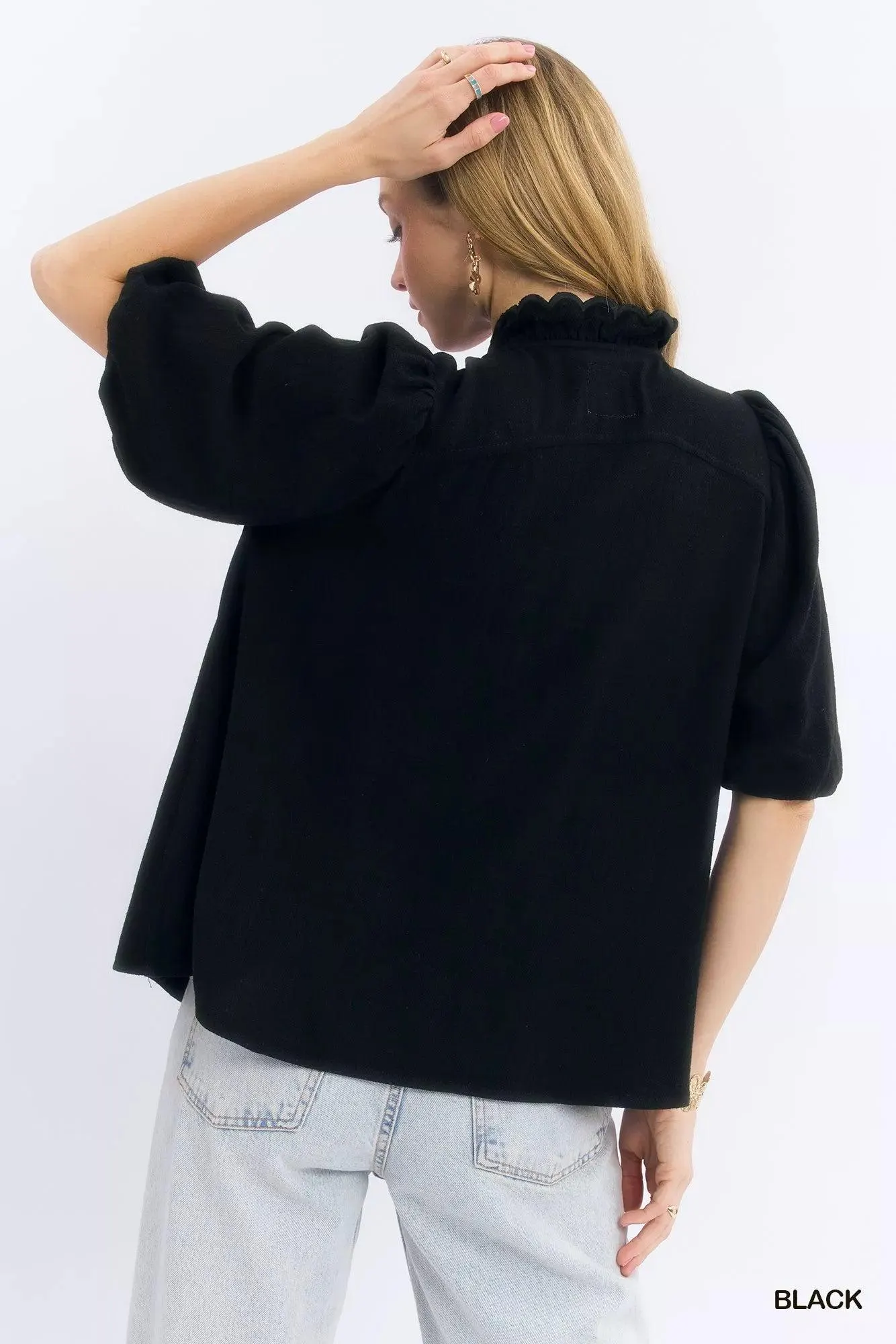 Heirloom Linen Cotton Scallop Blouse in Black — view 3