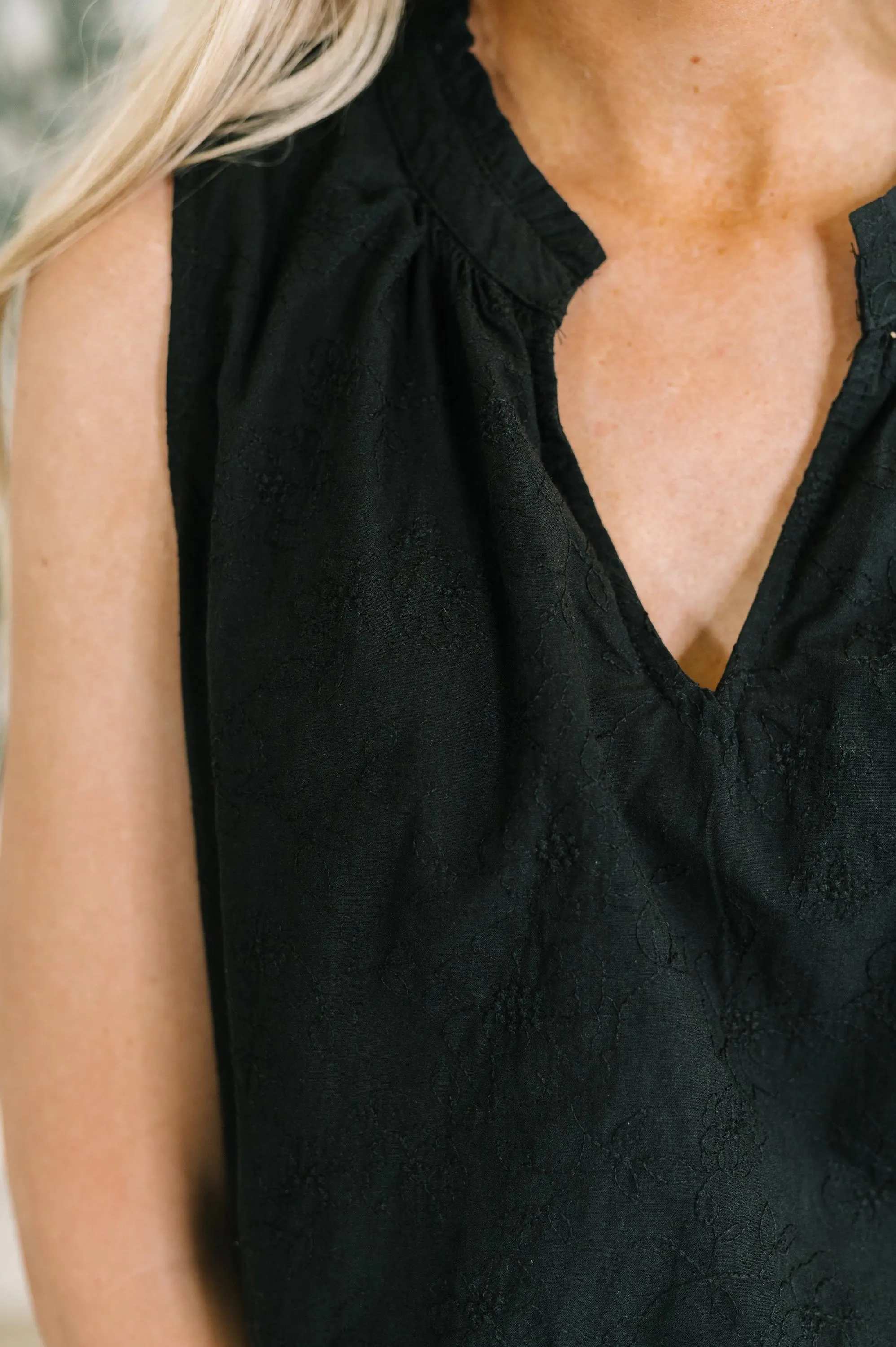 Cute Embroidered Cotton Tank in Black — view 2