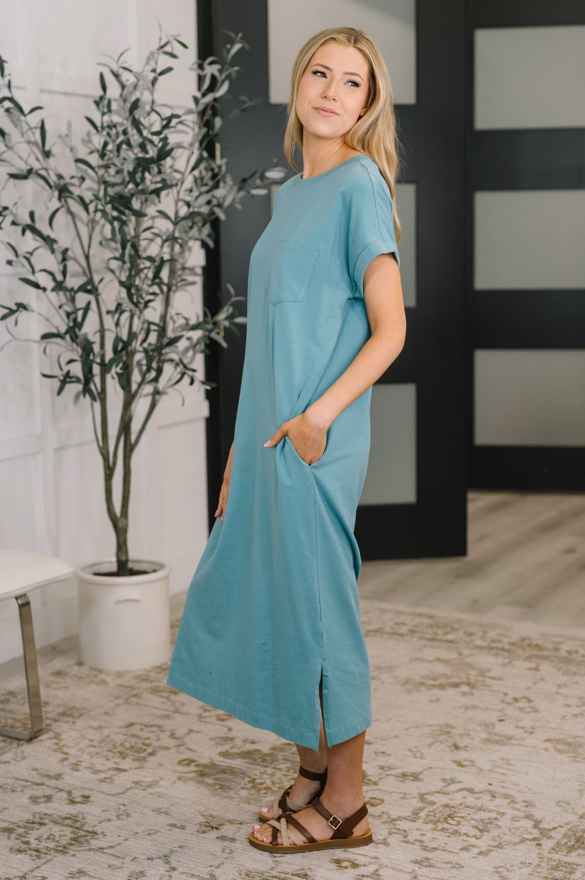 Fix You Right up Short Sleeve Midi Dress in Dusty Teal — view 3