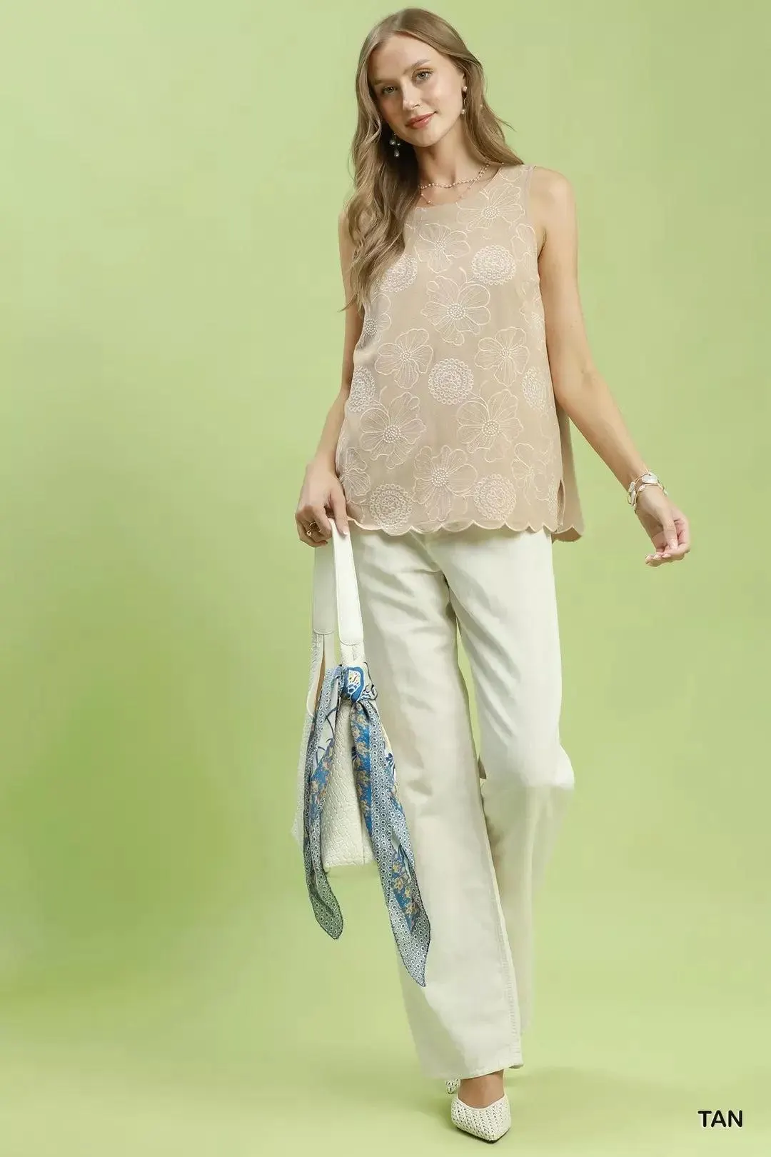 Floral Embroidery Linen Top in Sand — view 15