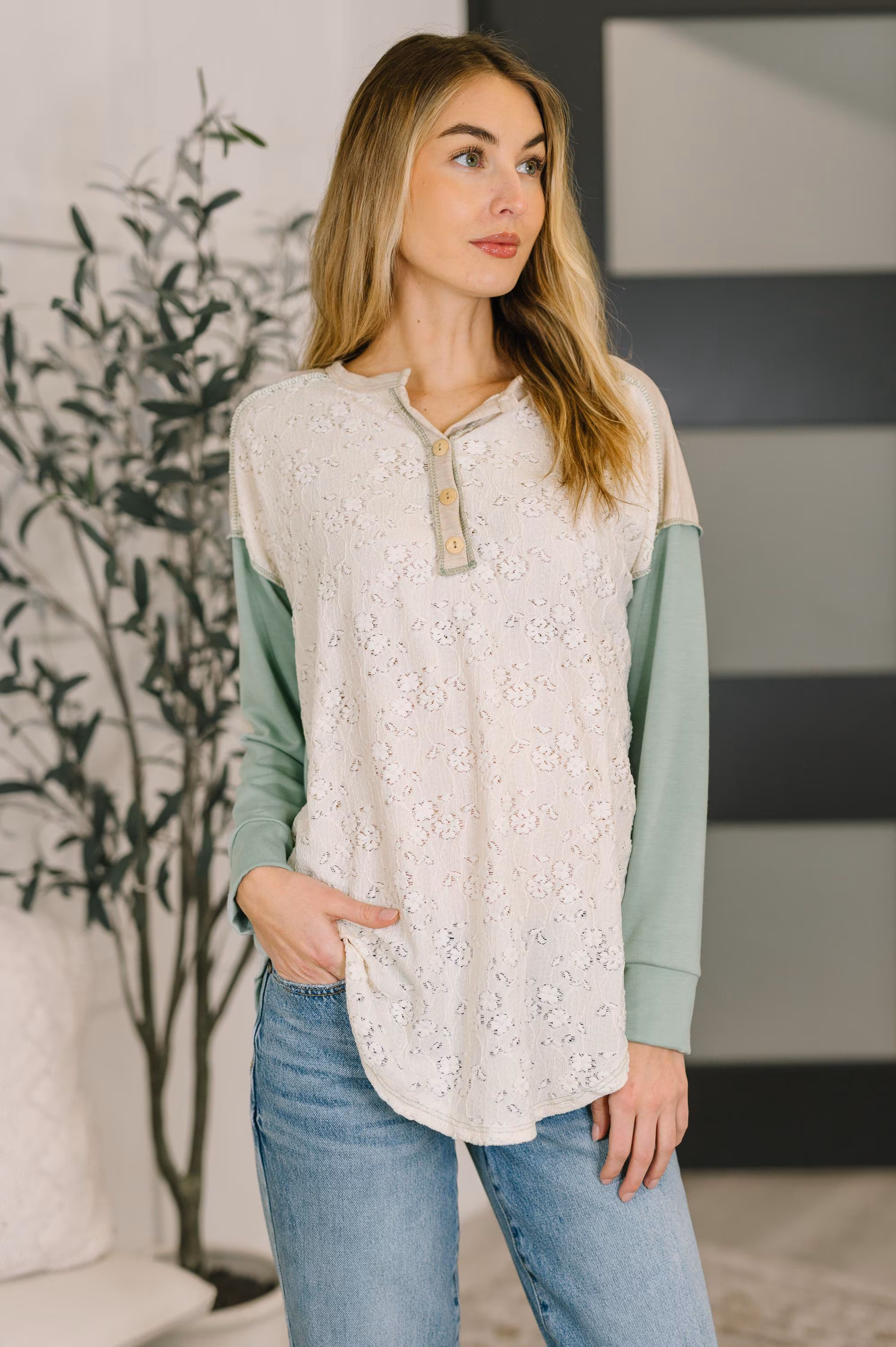 Womens Top Because I Can Drop Shoulder Henley Top