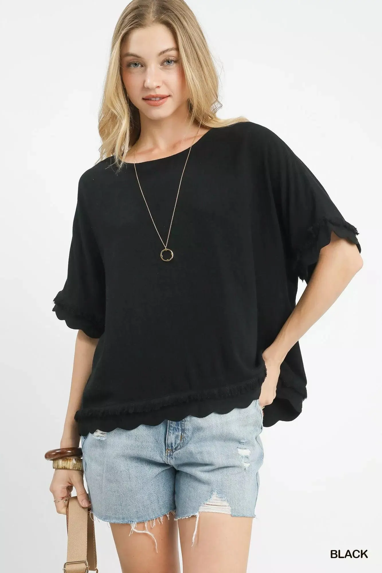 Midnight Linen Frayed Hem Scallop Top