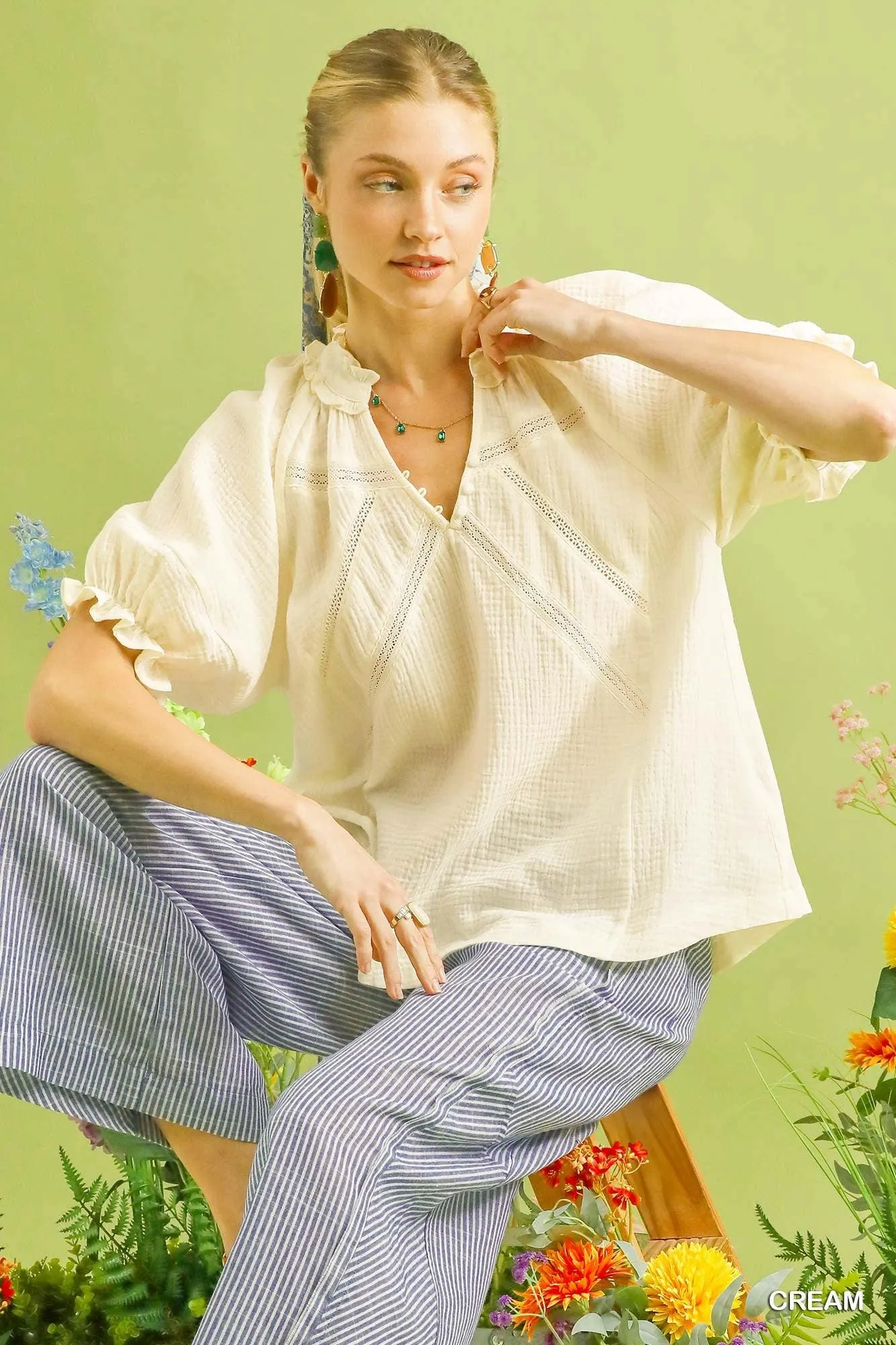 Sweet Cream Cotton Gauzy Puffy Sleeve Ruffle Top — view 8