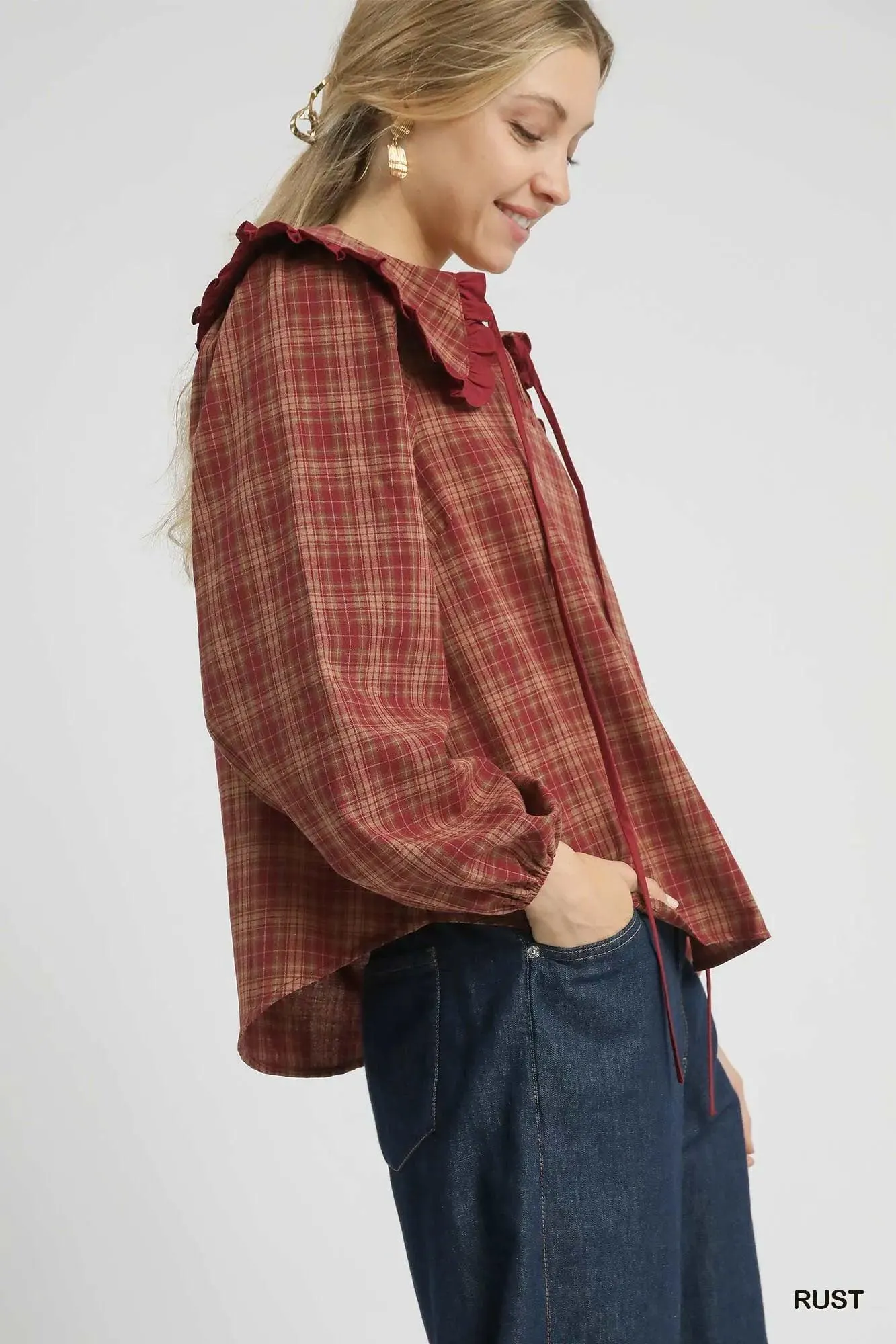 Cider Season Plaid Ruffle Collar Cotton Blouse Vintage — view 7