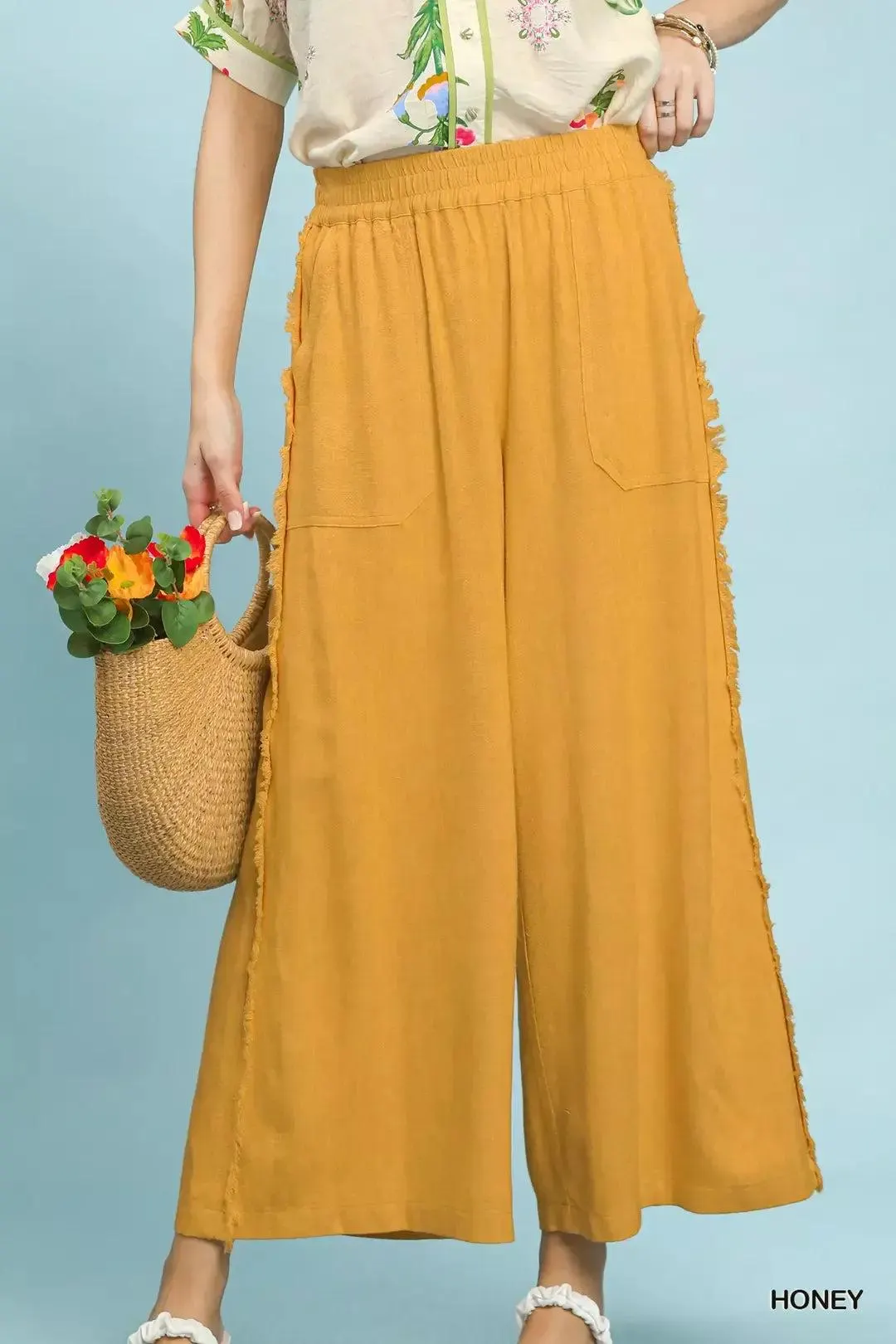 Sweet Honey Linen Frayed Side Pocket Wide Leg Pants