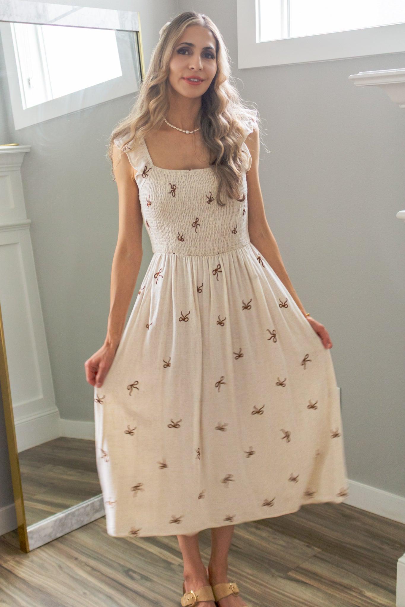 Secret Diary Linen Bow Midi Dress in Beige — view 5