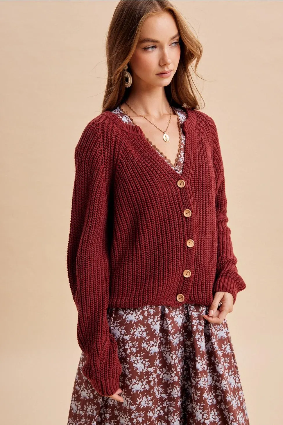 Autumn Harvest Chunky Knit Cotton Cardigan in Wine — view 4