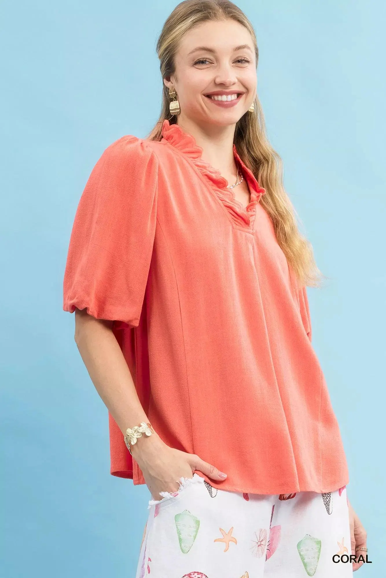Coral Reef Linen Scallop Ruffle Blouse — view 3