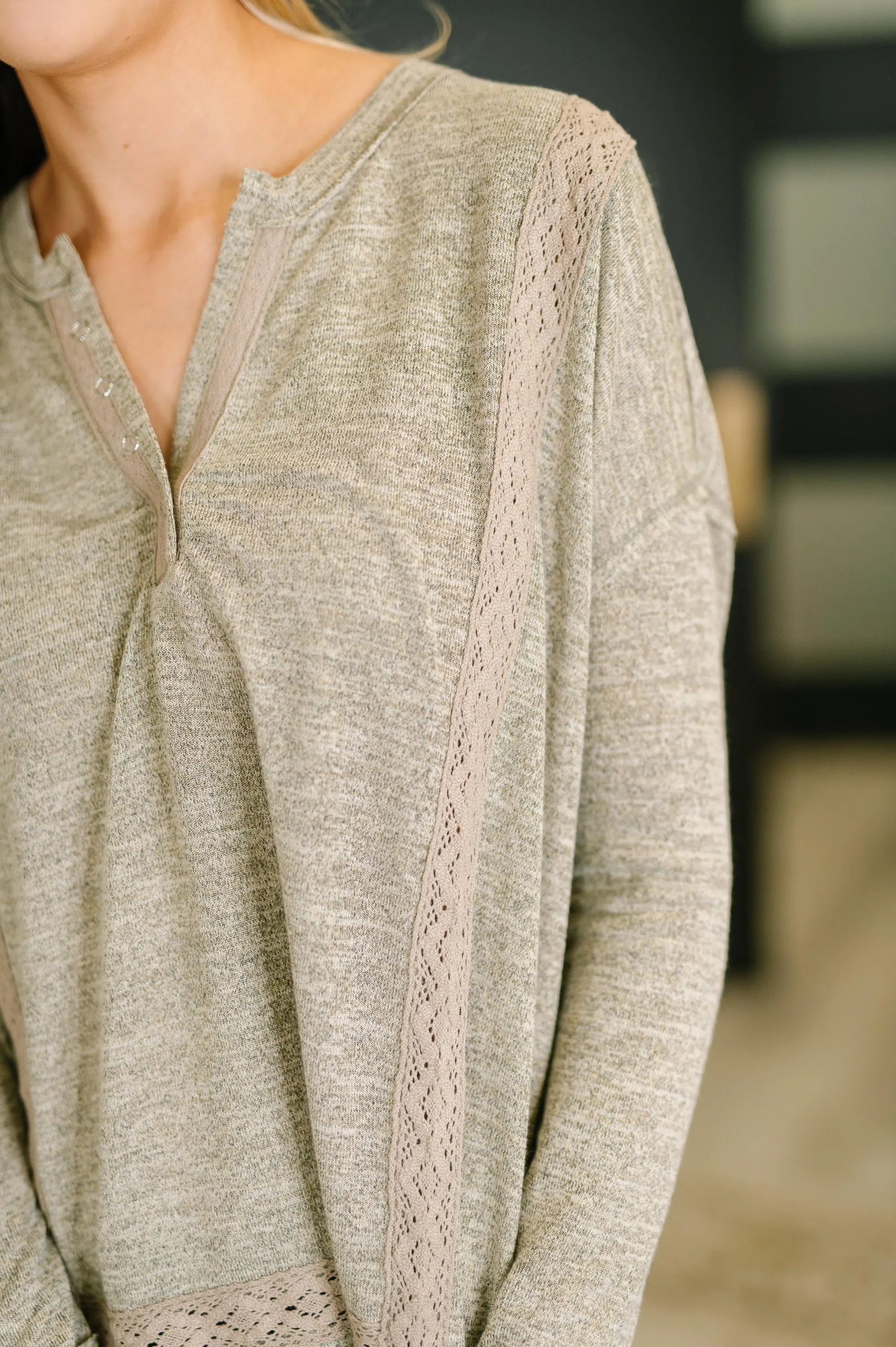 Never Been so Sure Lace Accent Henley Top in Taupe — view 2