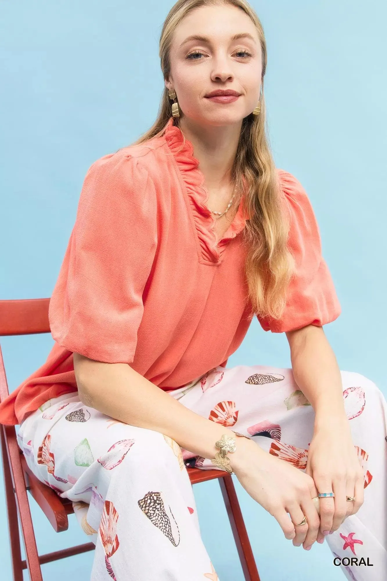 Coral Reef Linen Scallop Ruffle Blouse — view 2