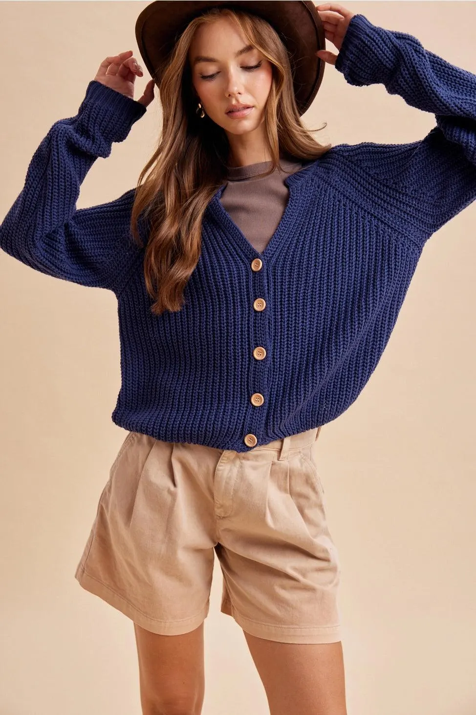 Autumn Harvest Chunky Knit Cotton Cardigan in Heritage Blue — view 5