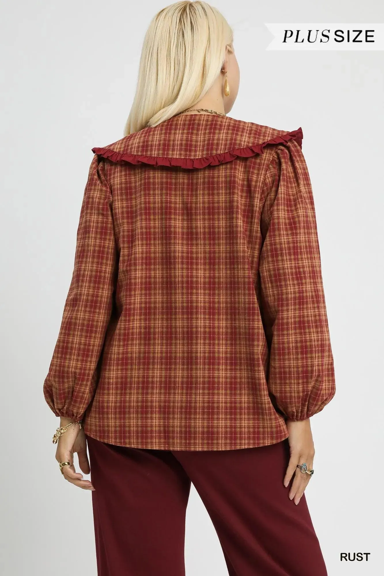 Cider Season Plaid Ruffle Collar Cotton Blouse Vintage — view 8