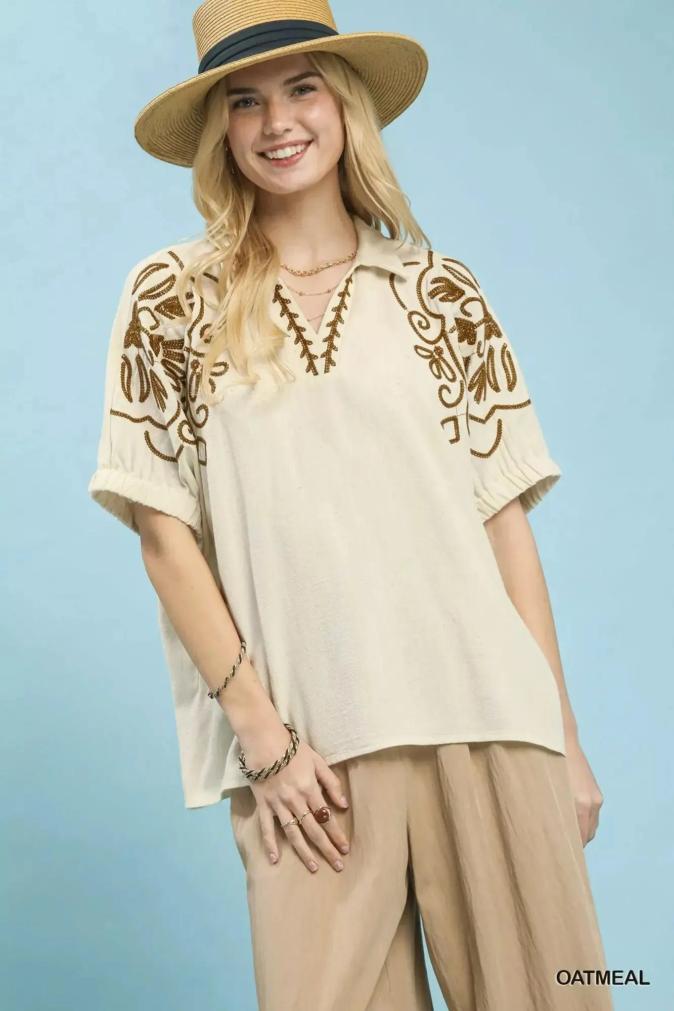 Timeless Linen Embroidered Sleeve Oversized Blouse — view 6