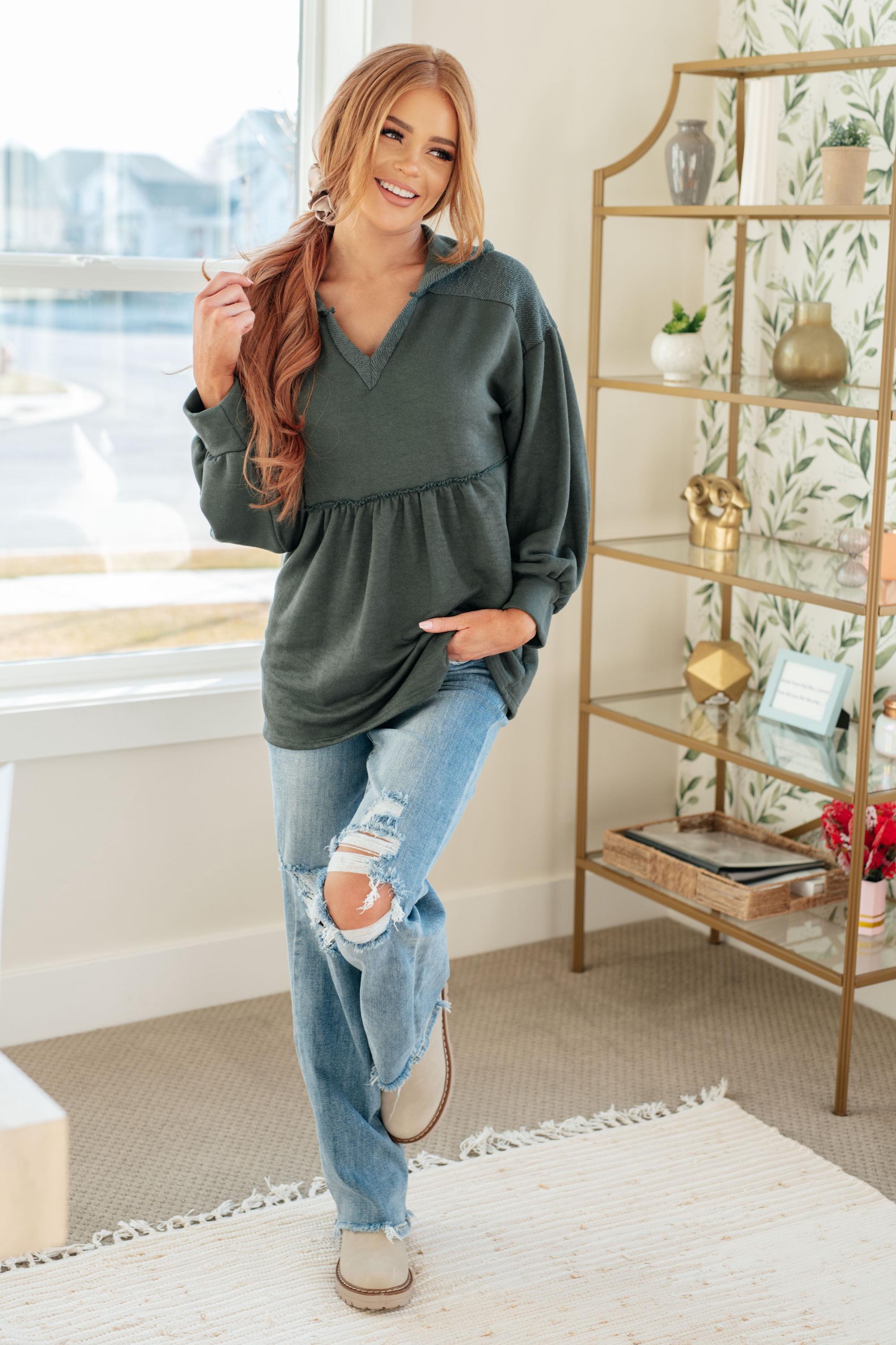 Green Hooded V-neck Pullover — view 5