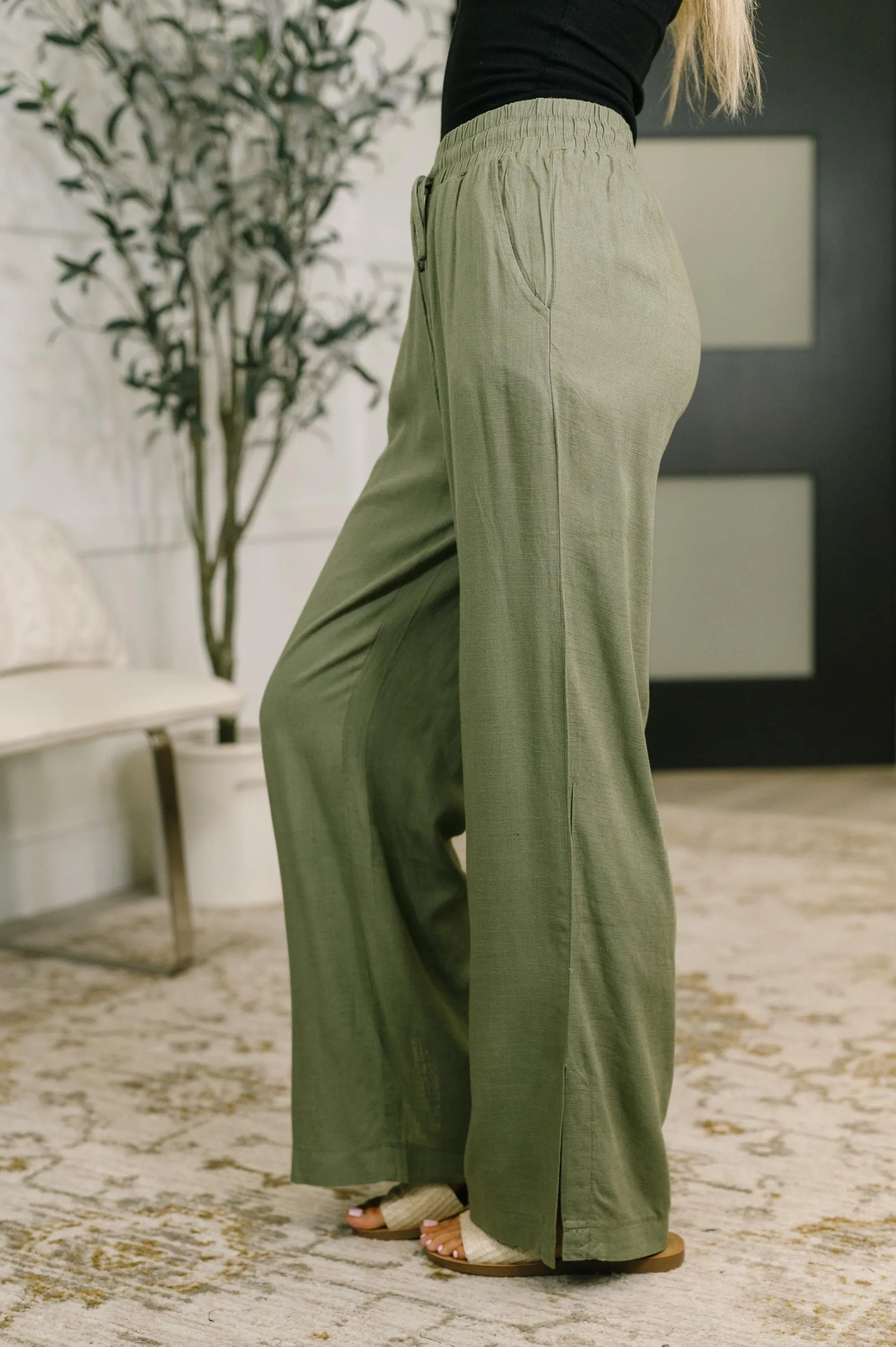 Straight Leg Lounge Linen Pants in Light in Olive — view 4