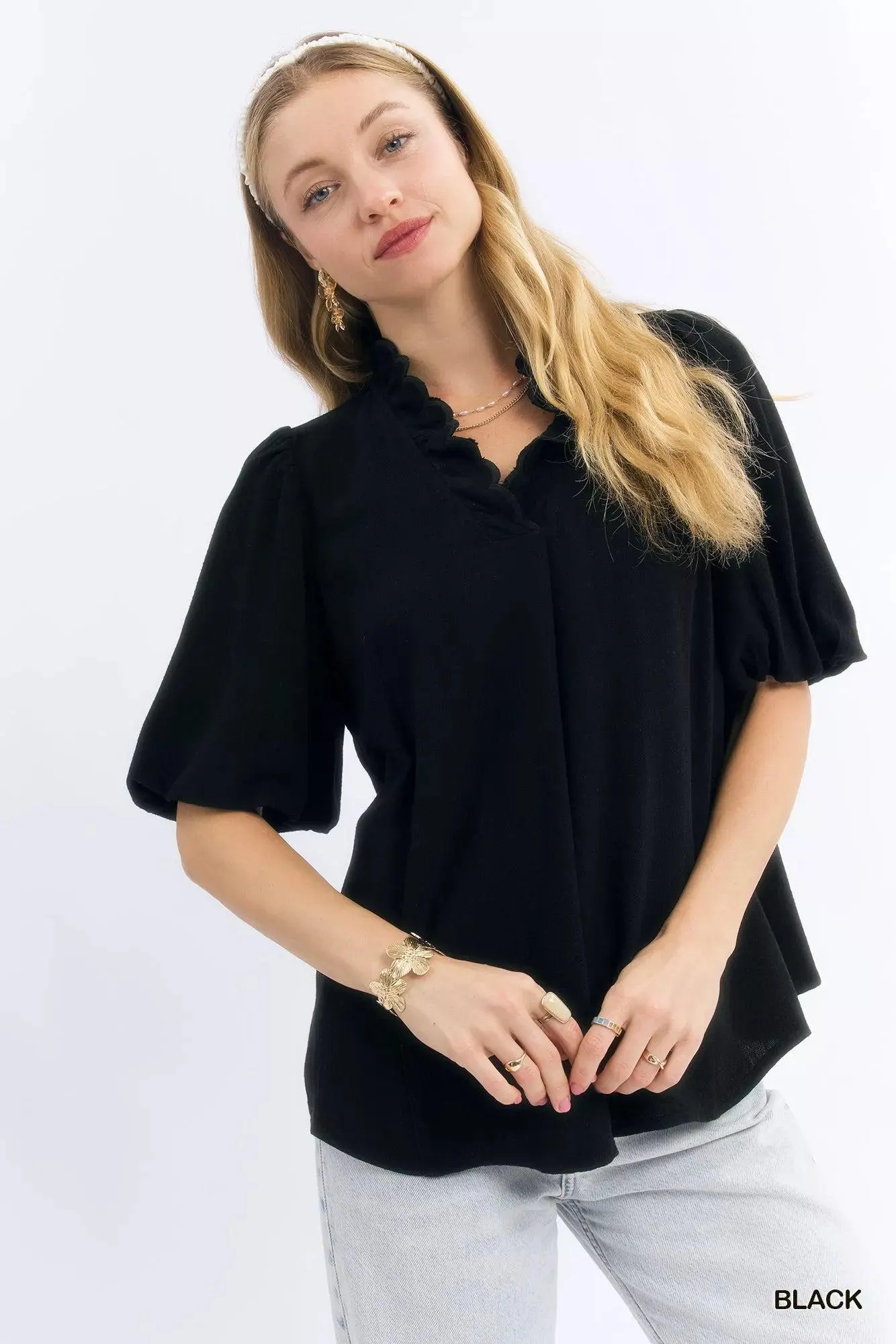 Heirloom Linen Cotton Scallop Blouse in Black