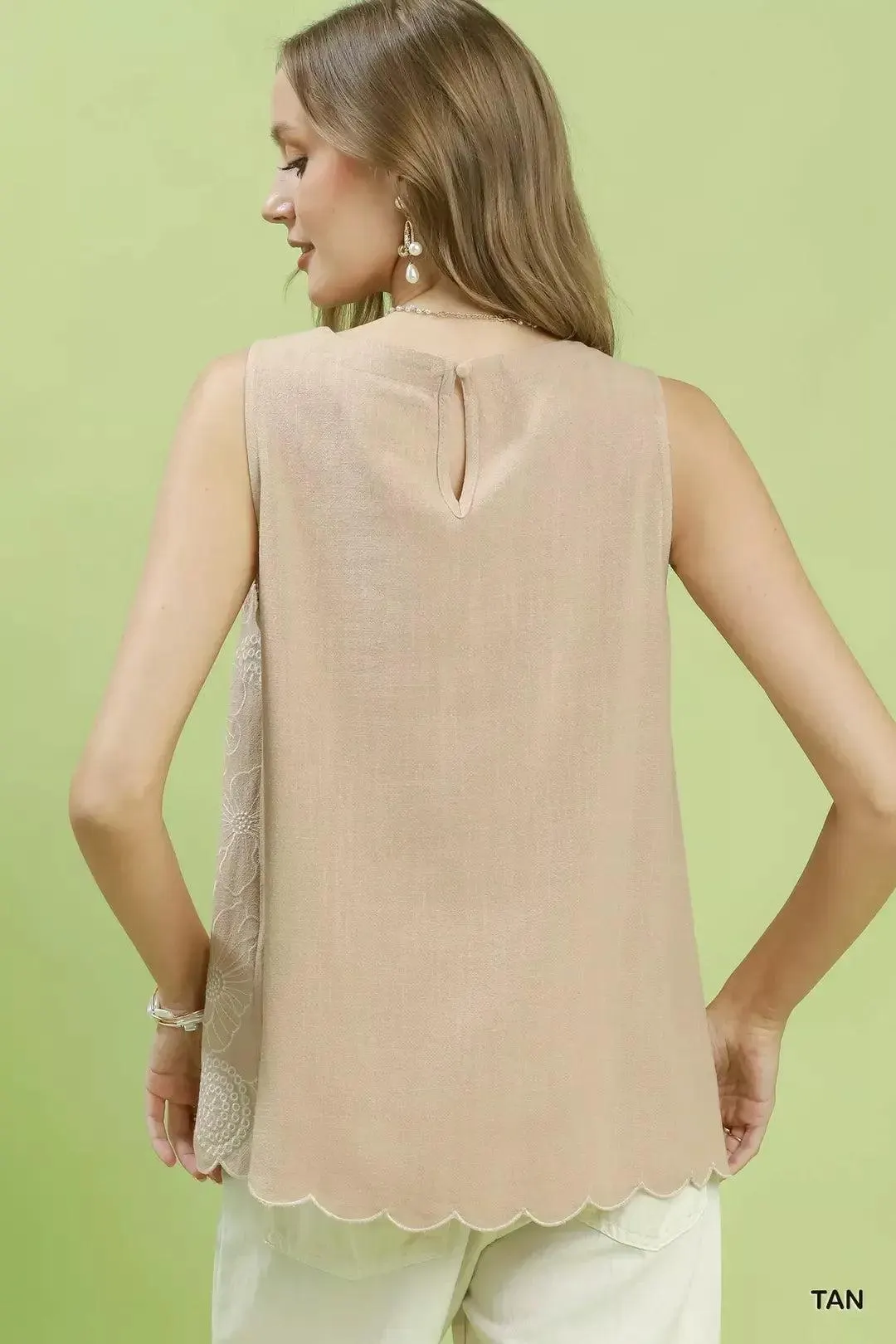 Floral Embroidery Linen Top in Sand — view 13