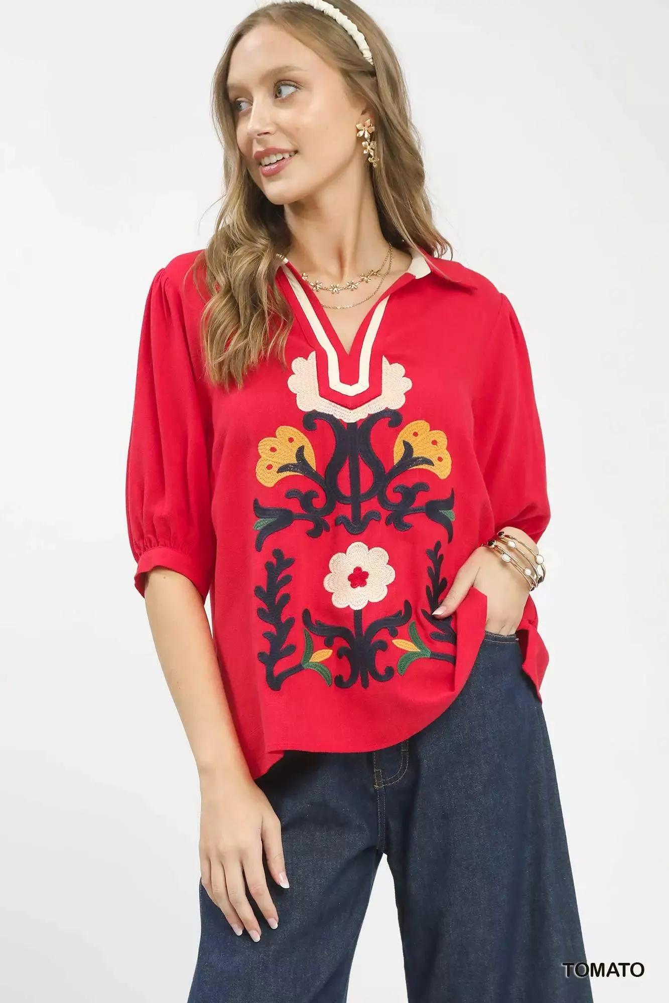 Watering the Garden Linen Blouse in Tomato
