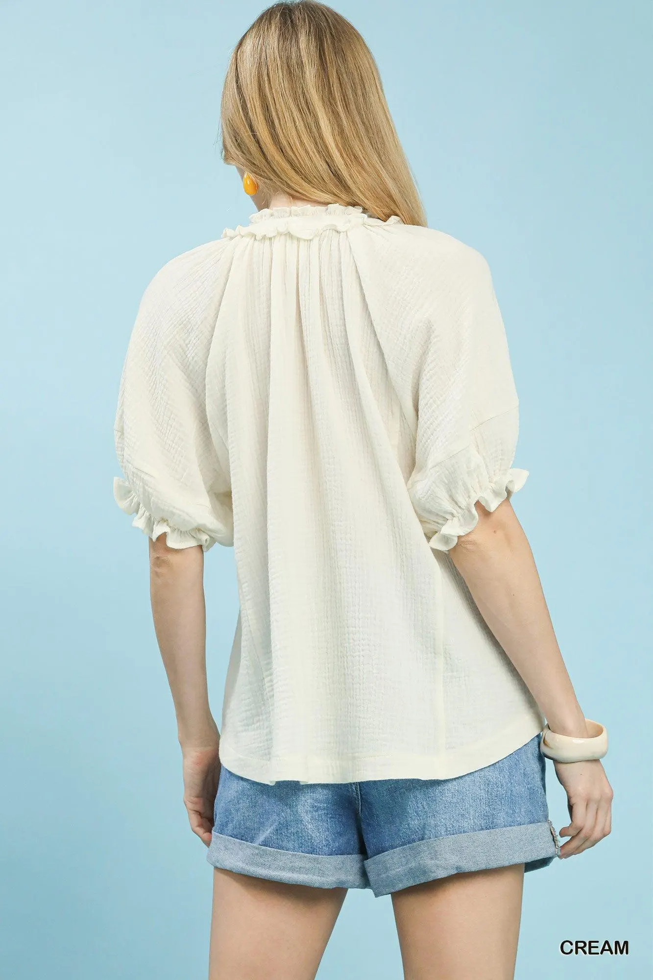 Sweet Cream Cotton Gauzy Puffy Sleeve Ruffle Top — view 5