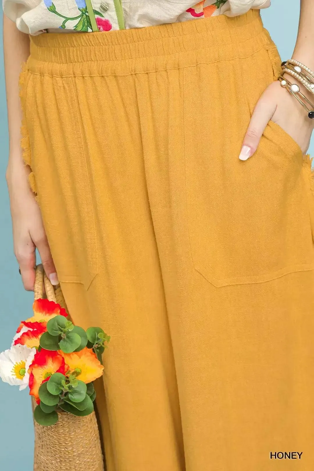 Sweet Honey Linen Frayed Side Pocket Wide Leg Pants — view 4