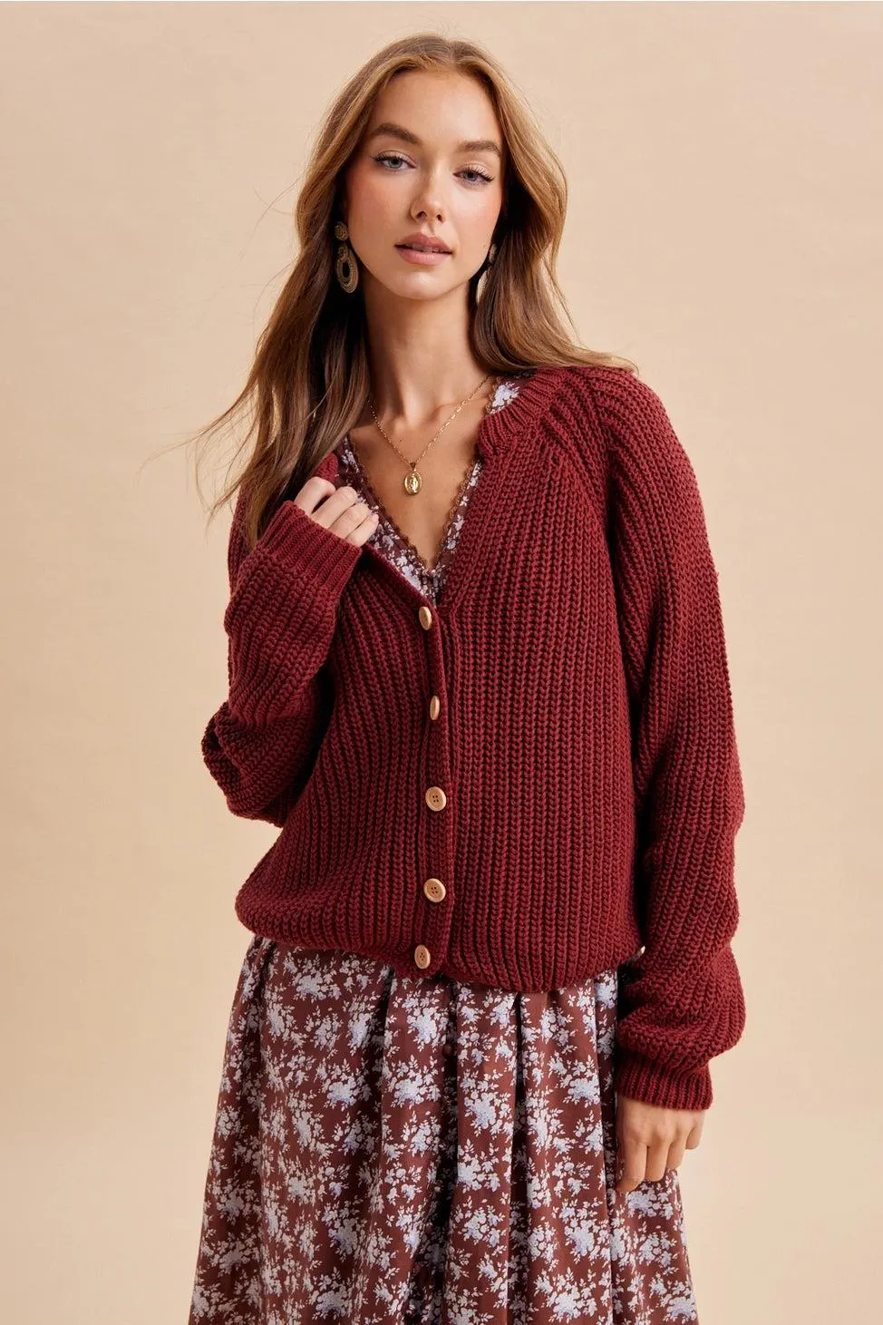 Autumn Harvest Chunky Knit Cotton Cardigan in Wine — view 3