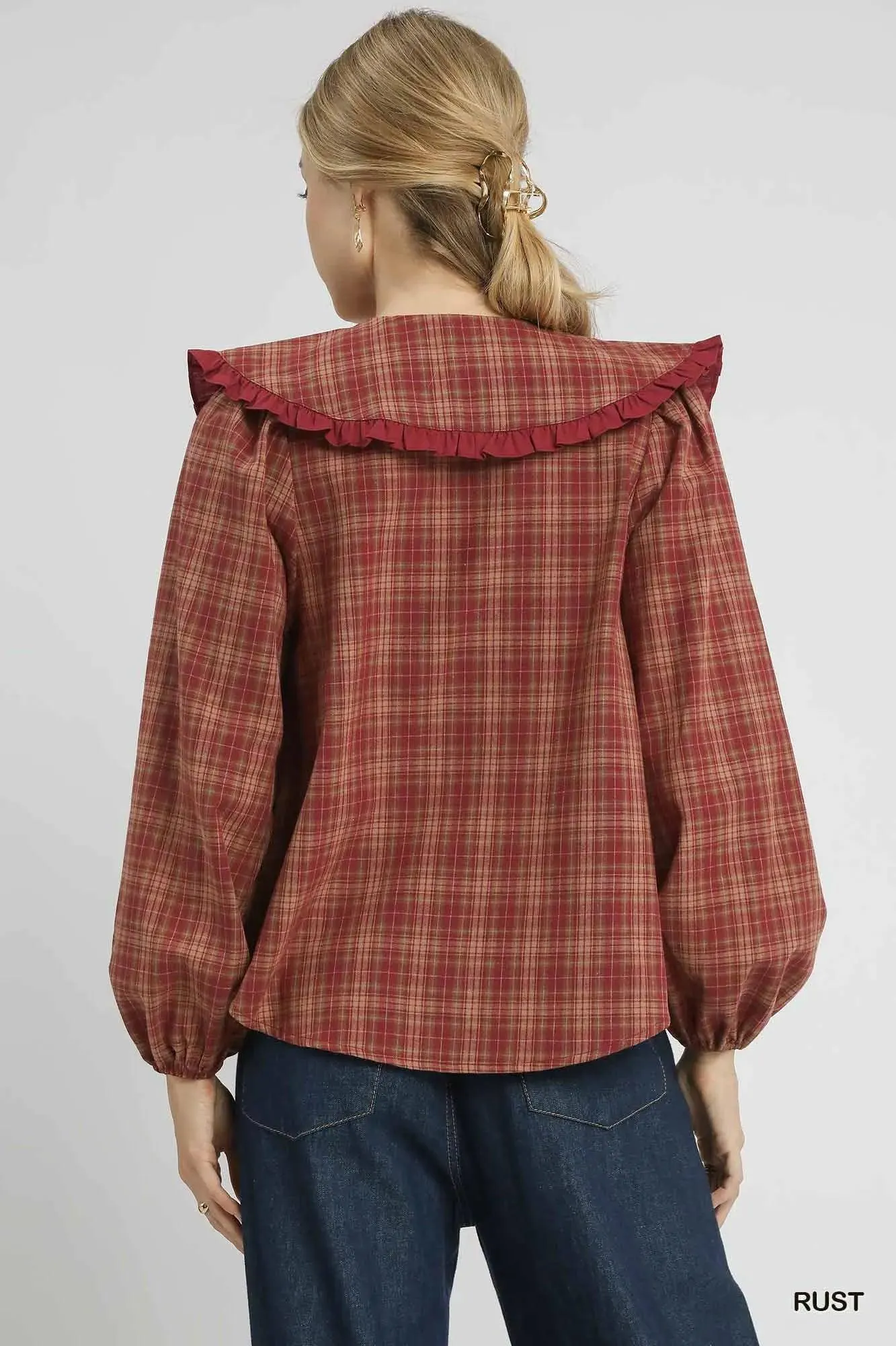 Cider Season Plaid Ruffle Collar Cotton Blouse Vintage — view 6