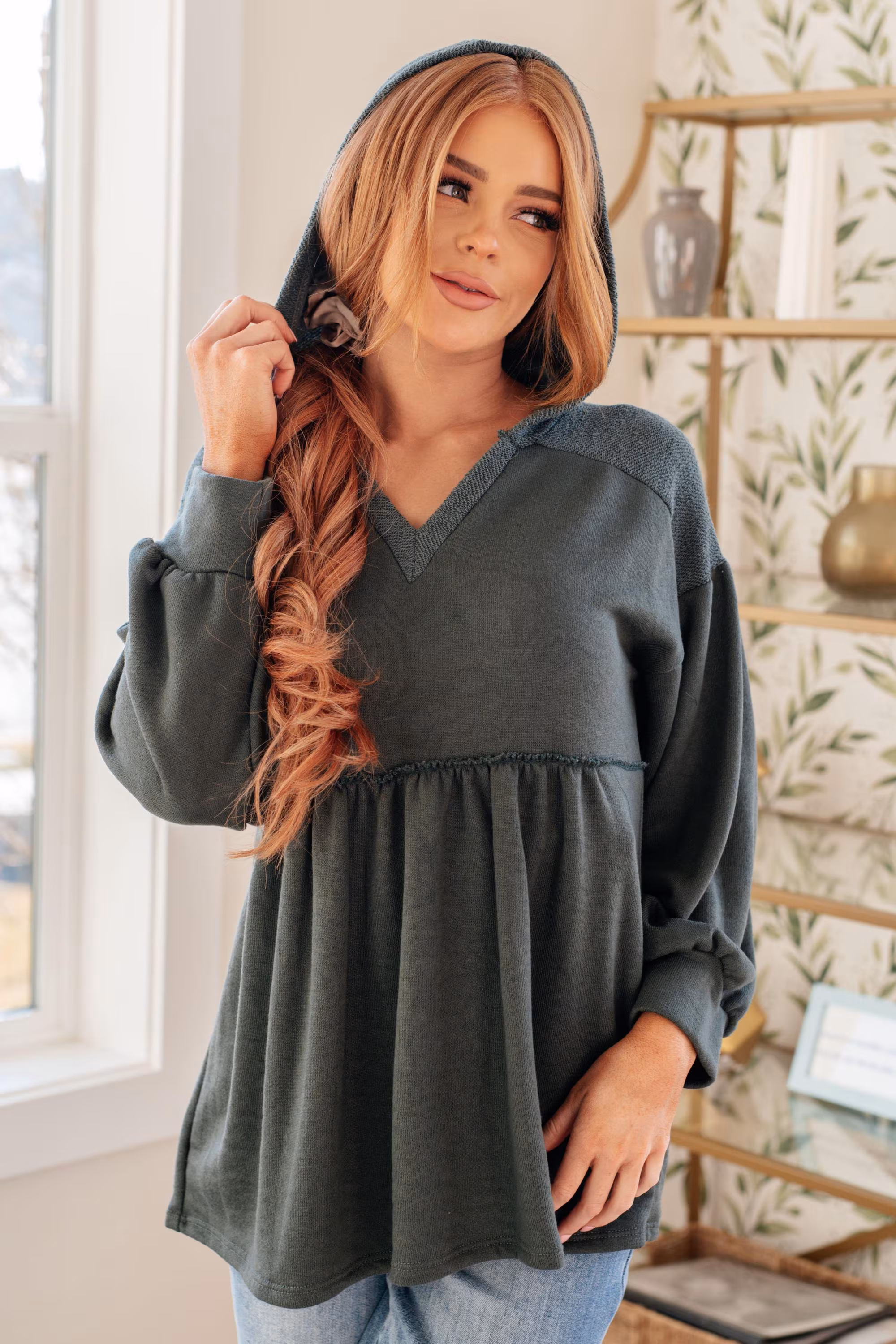 Green Hooded V-neck Pullover