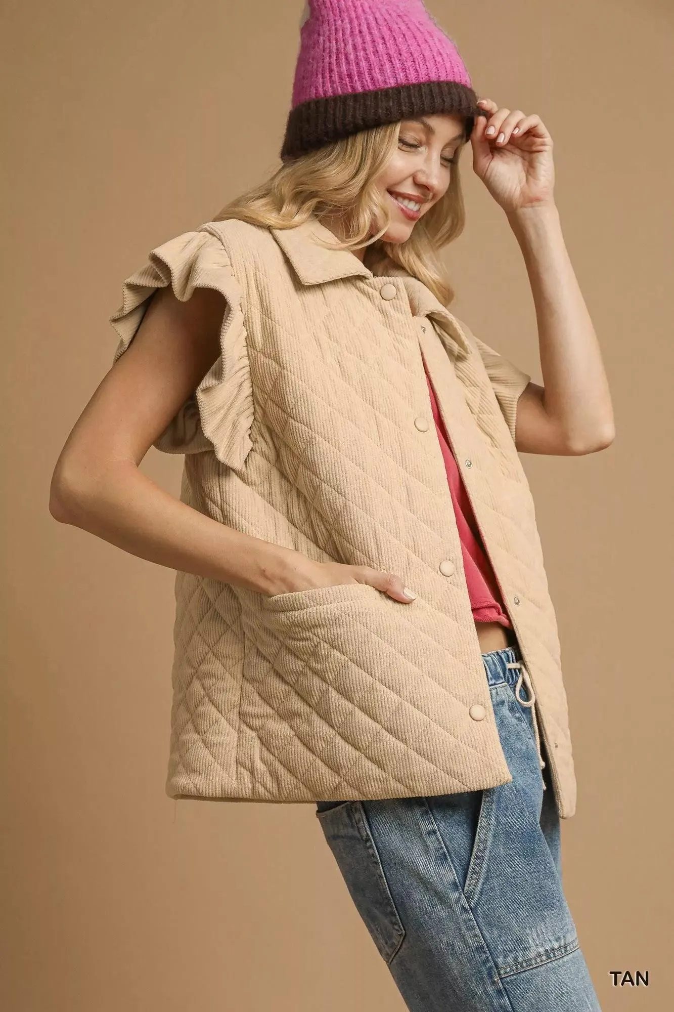 Quilted Cozy Corduroy Ruffle Vest in Beige — view 3