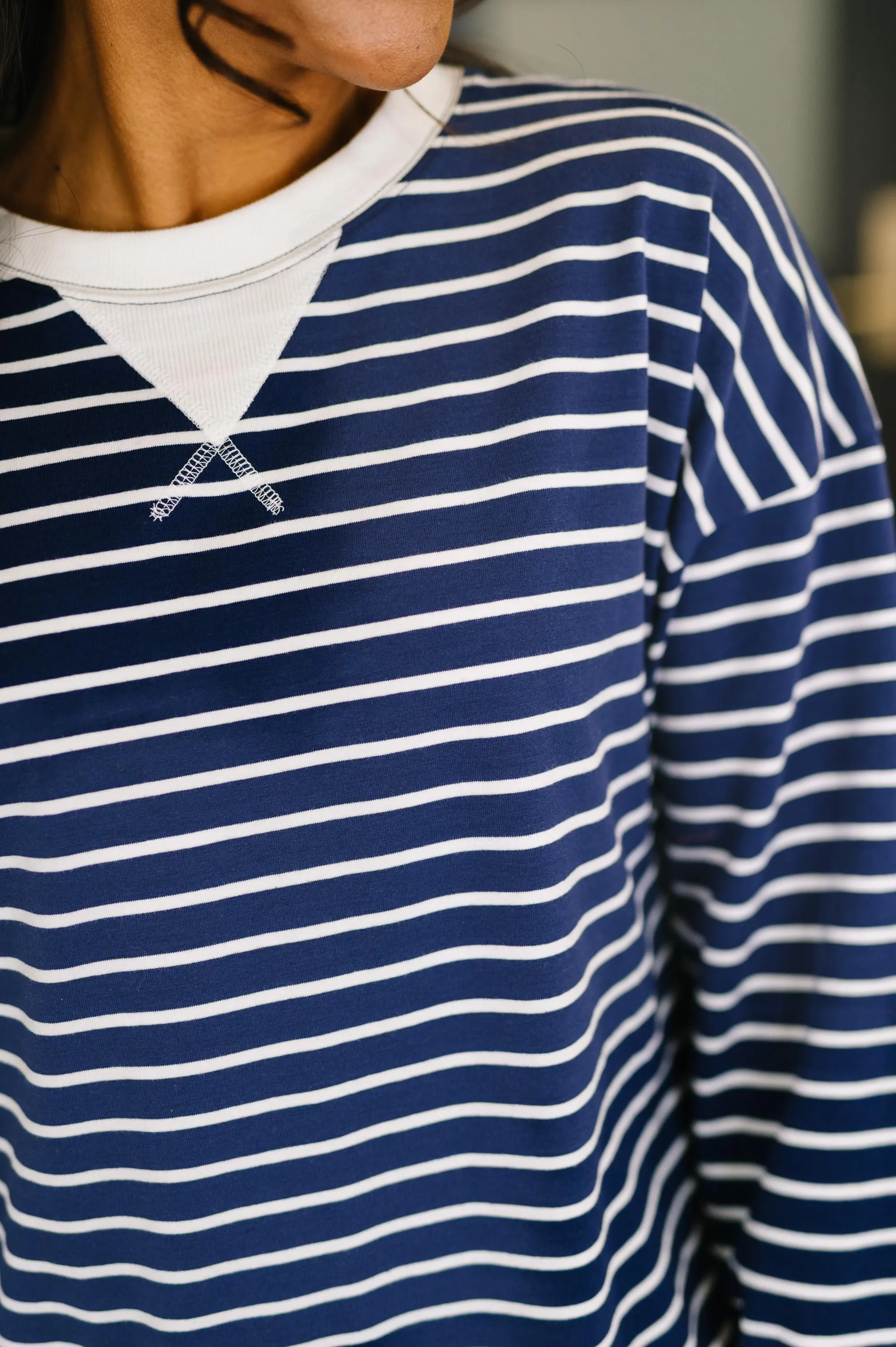 Almost Therapeutic Drop Shoulder Pullover in Navy — view 3
