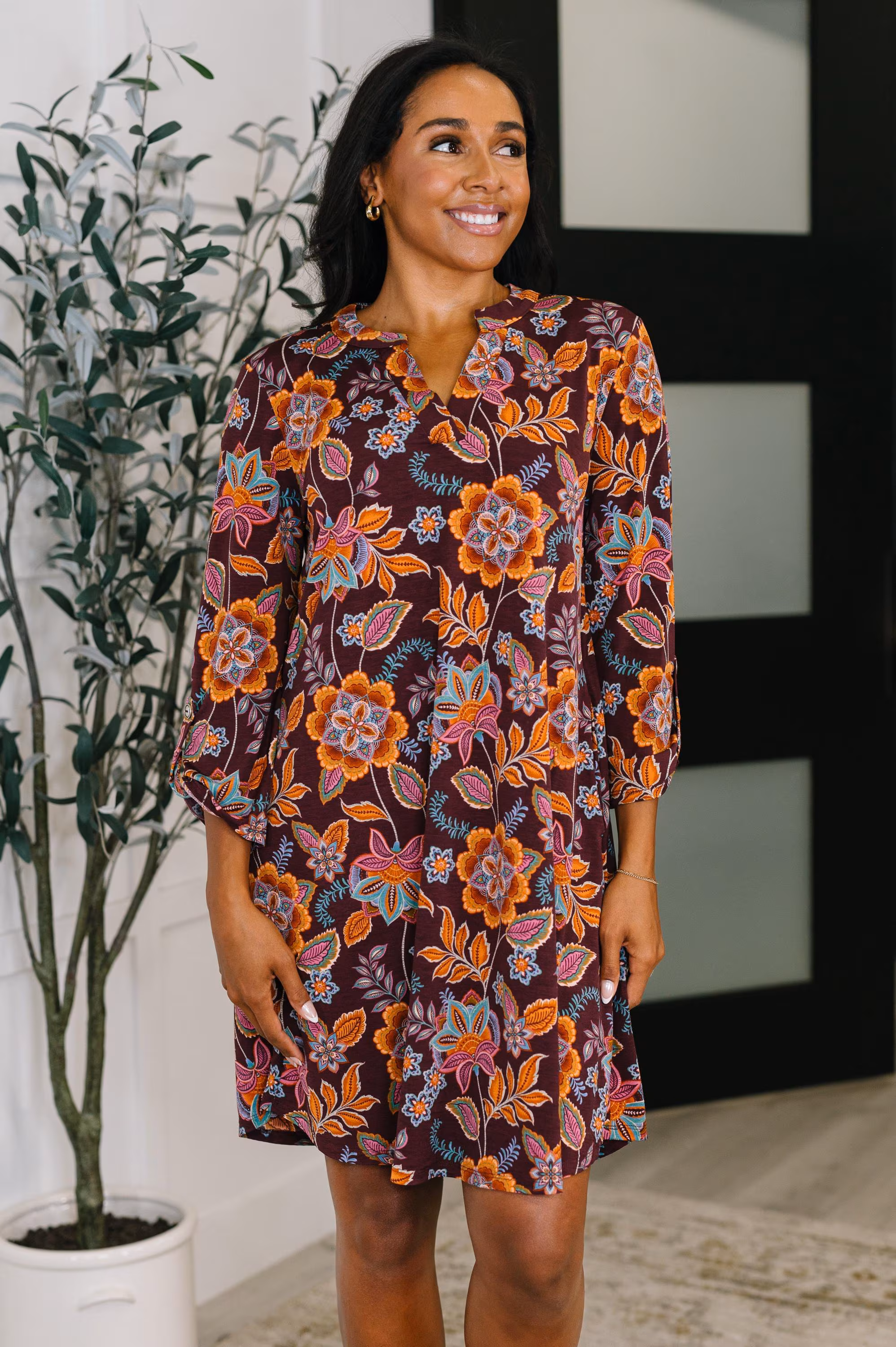 Long Sleeve Dress in Chocolate Floral