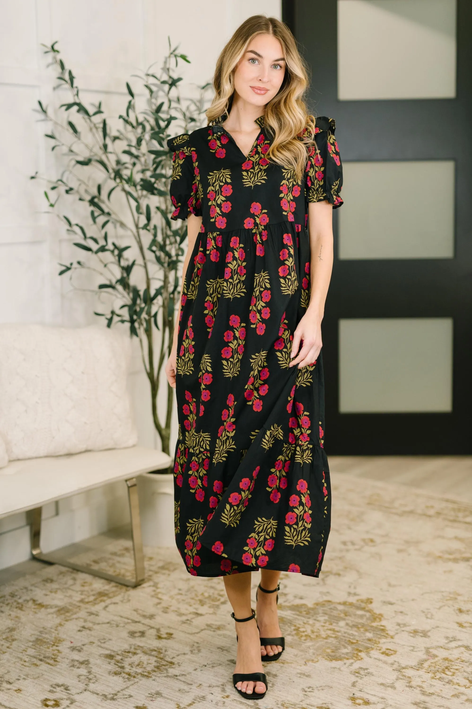 Quiet Life Notch Neck Tiered Cotton Dress in Black