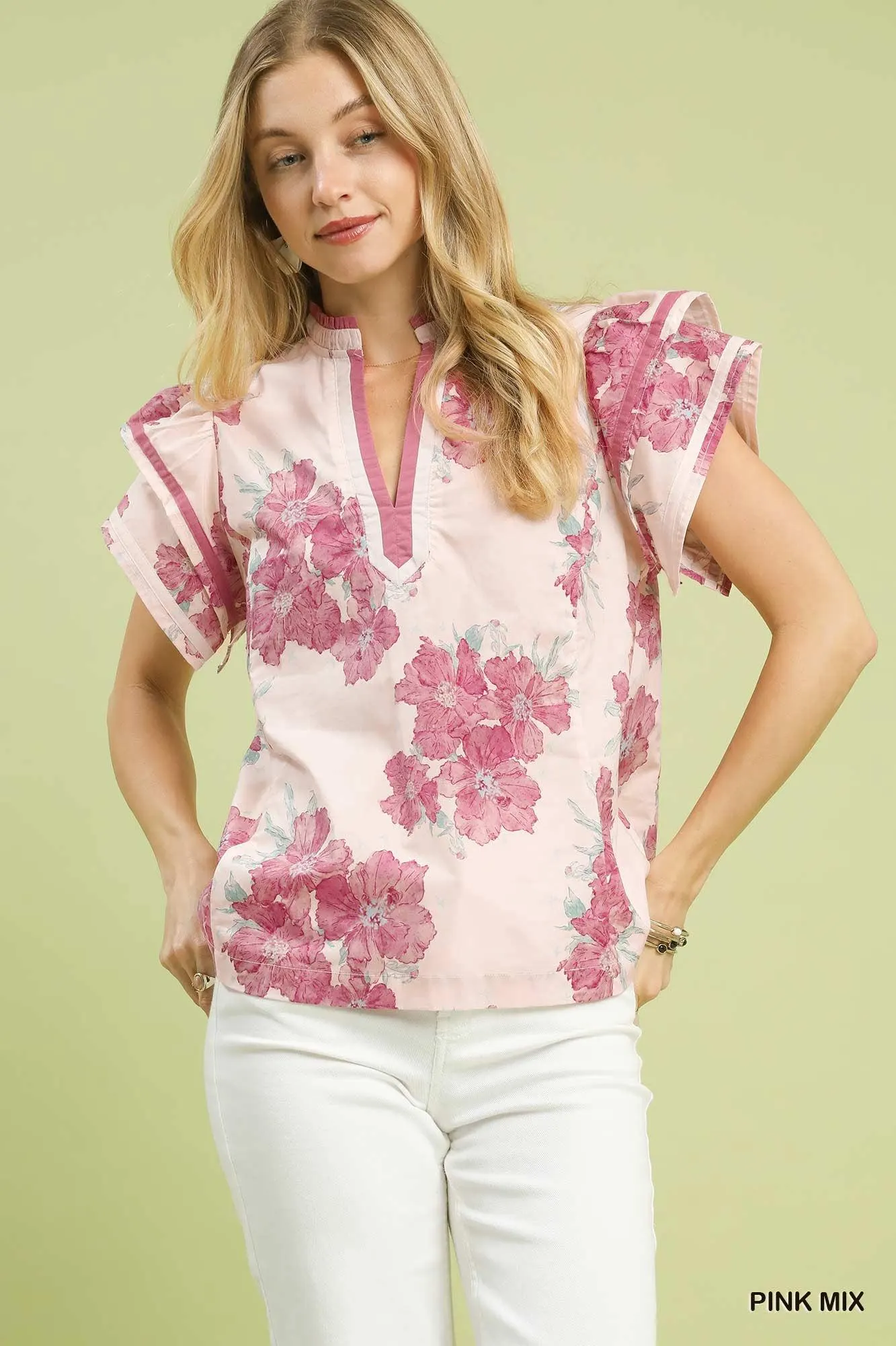 Bloom With Me Floral Cotton Ruffle Blouse in Peony