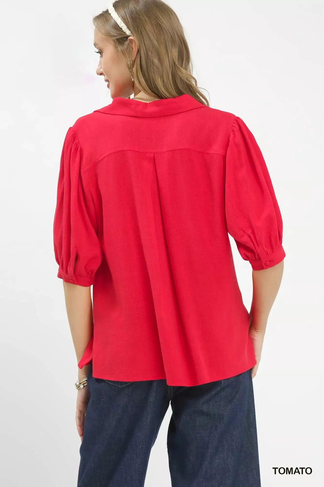 Watering the Garden Linen Blouse in Tomato — view 3