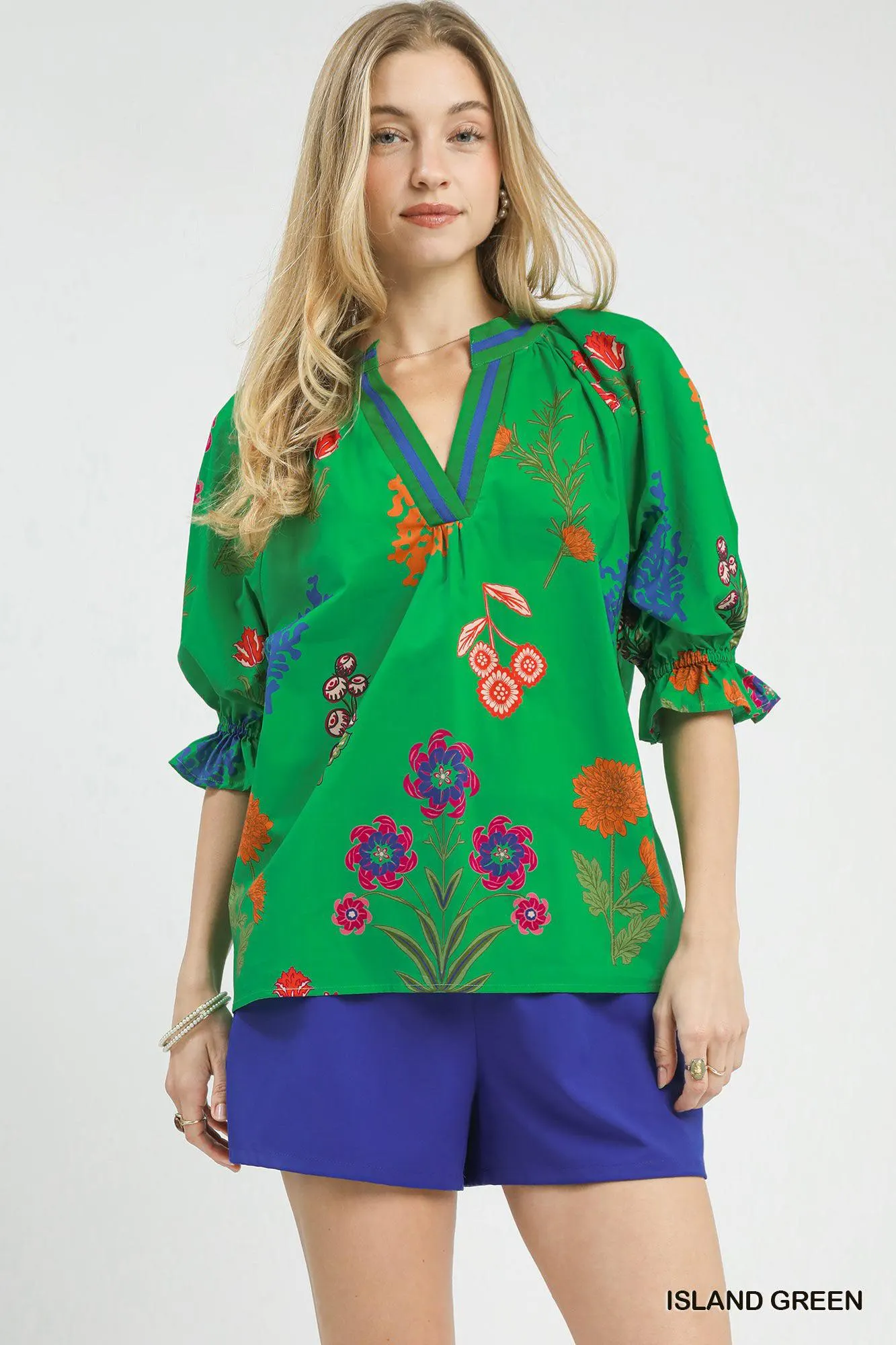Paradise Garden Floral Split Neck Puff Sleeve Top